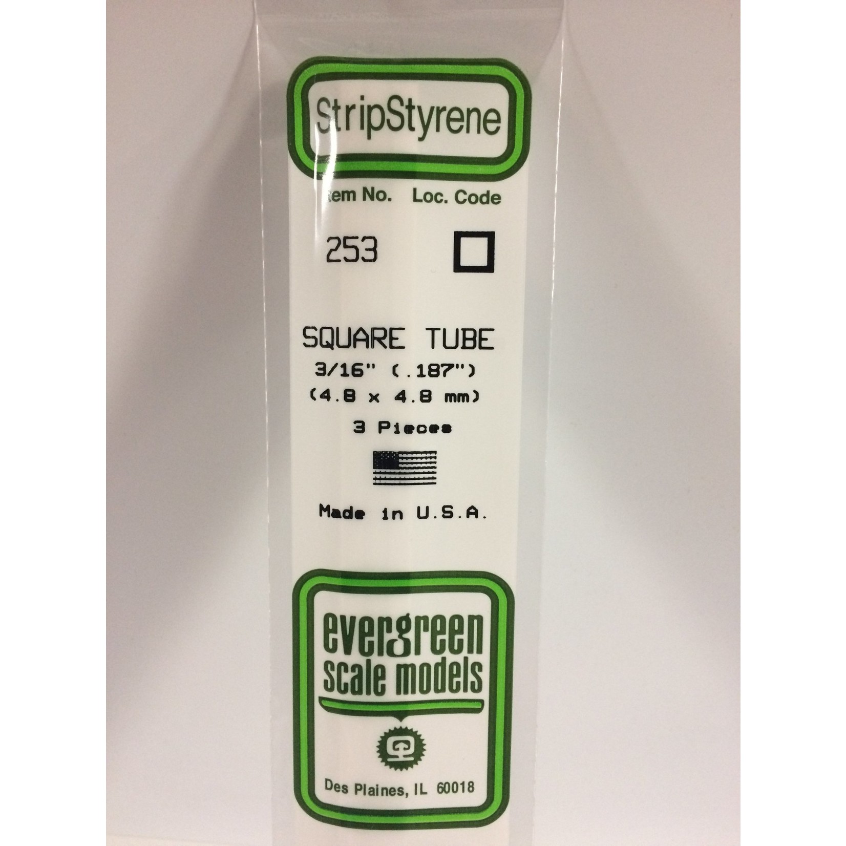 Evergreen Scale Models Evergreen 253 - .188" (4.8MM) OPAQUE WHITE POLYSTYRENE SQUARE TUBING