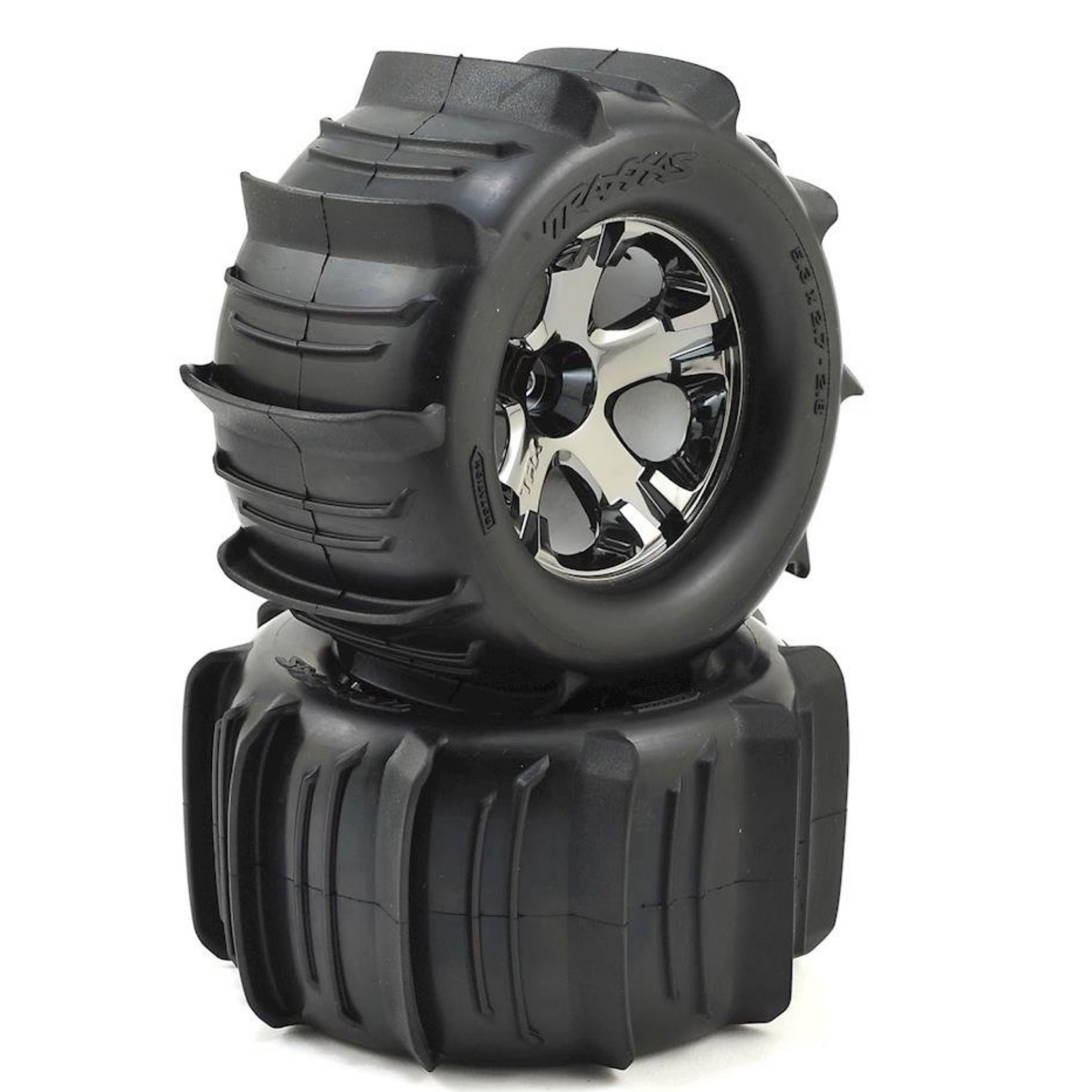 Traxxas #4175  Traxxas Paddle Tires 2.8" Pre-Mounted w/All-Star Nitro Front Wheels (2) (Black Chrome)