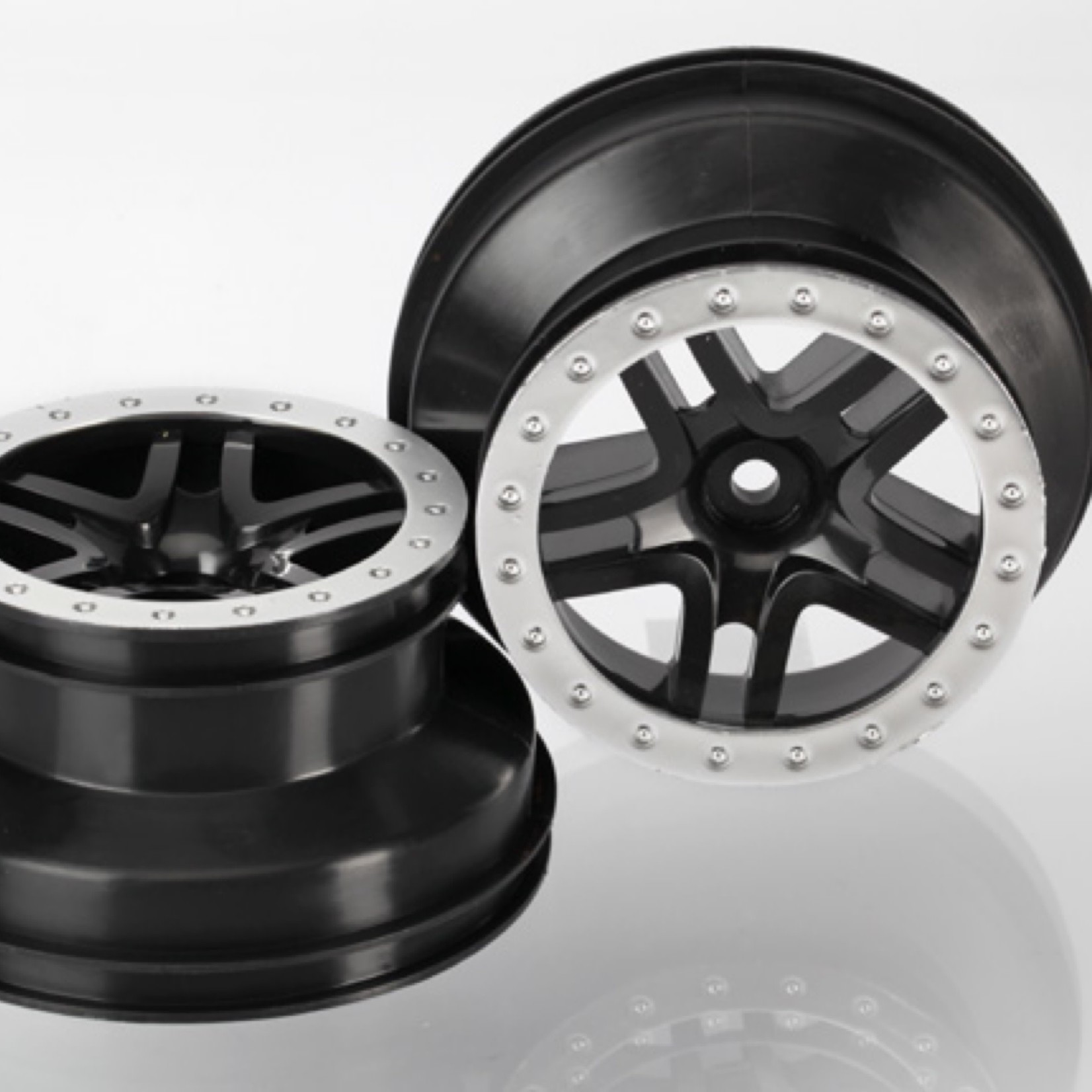 Traxxas Traxxas Wheels, SCT Split-Spoke, black, satin chrome beadlock style, dual profile (2.2" outer, 3.0" inner) (2WD front) (2) #5886
