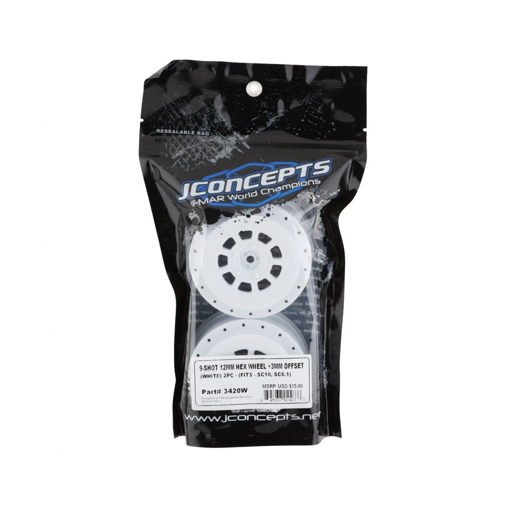JConcepts JConcepts 9-Shot Short Course Wheels w/3mm Offset (2) (White) w/12mm Hex #3420W