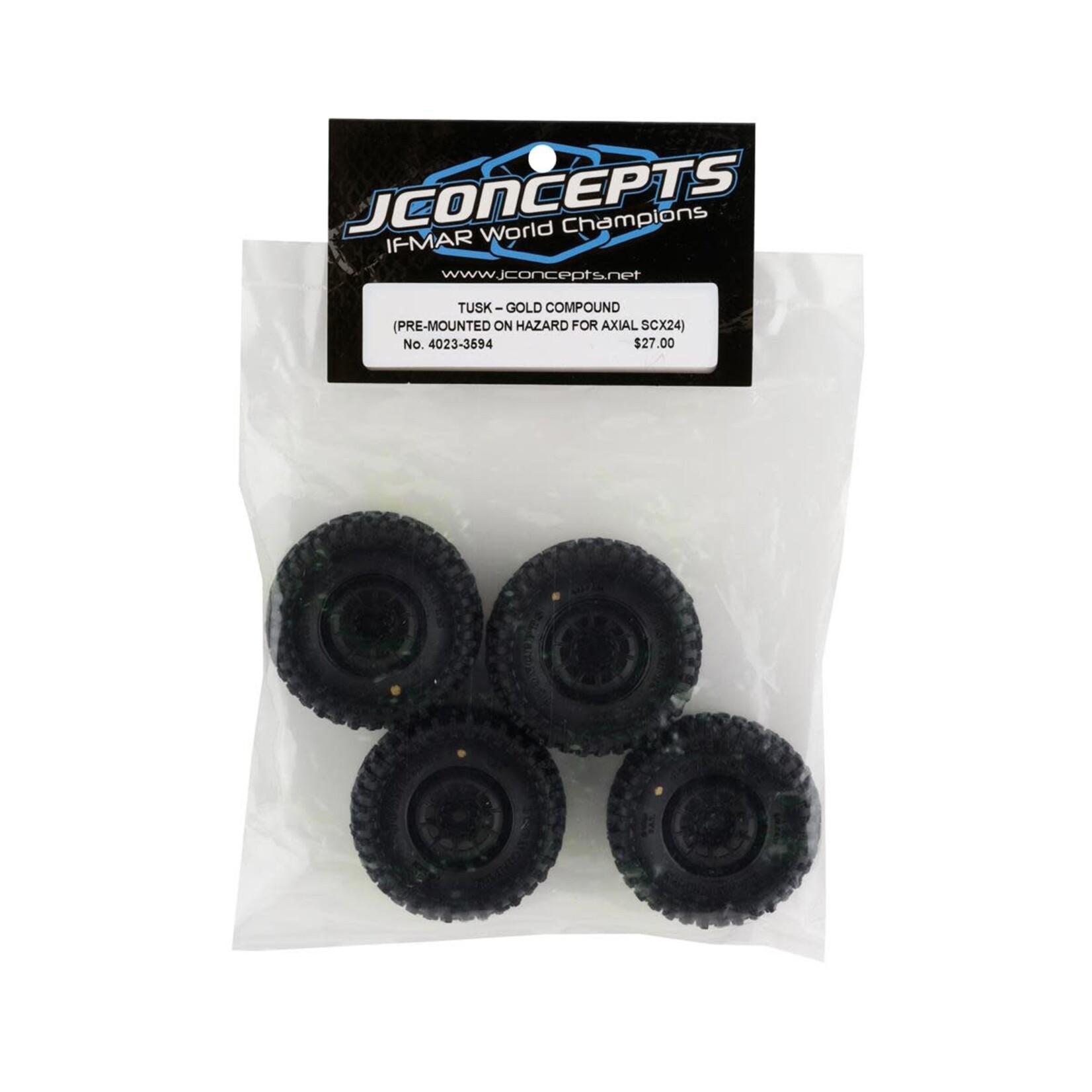 JConcepts #4023-3594 JConcepts Tusk 1.0" Pre-Mounted Tires w/Hazard Wheel (Black) (4) (Gold) w/7mm Hex