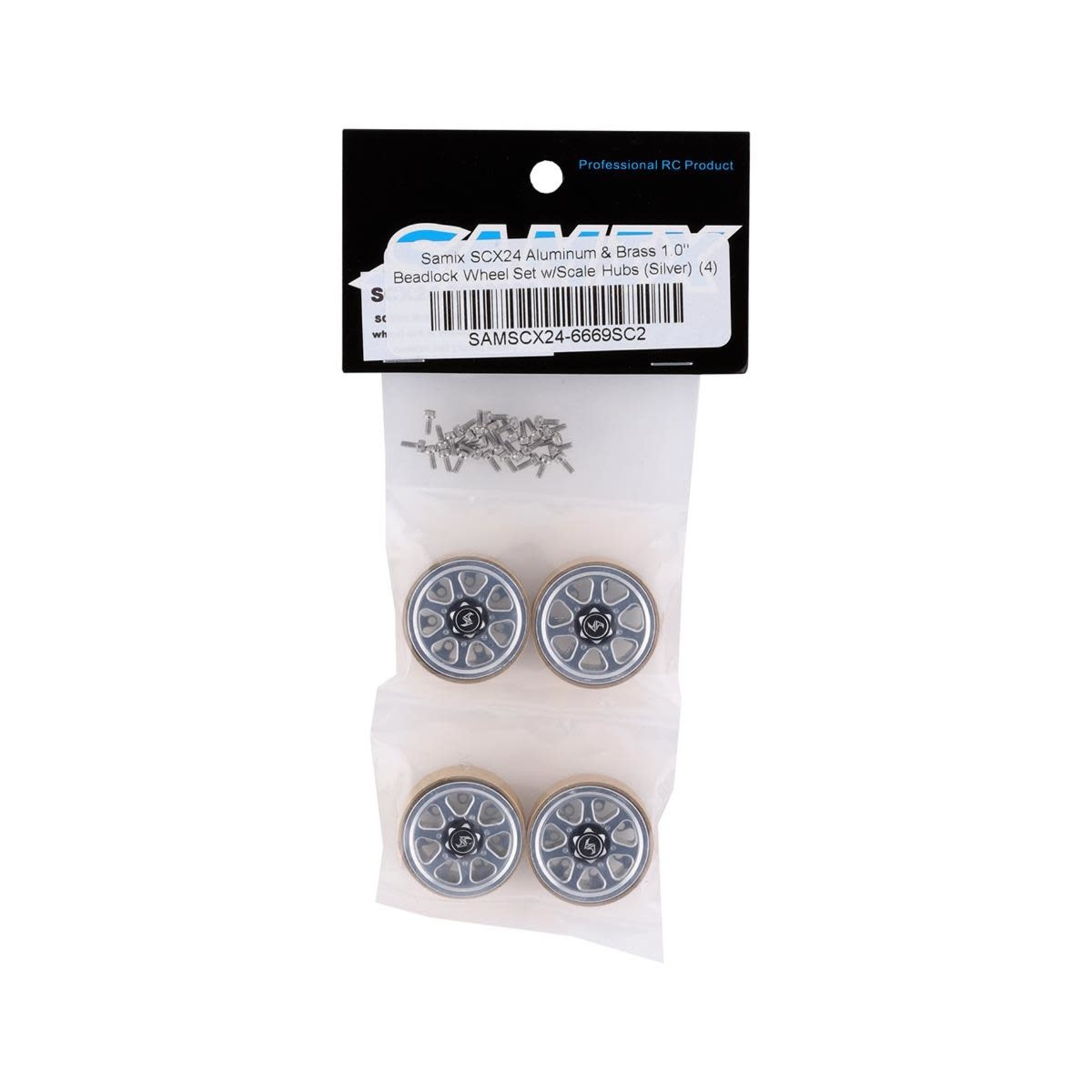 Samix #SAMSCX24-6669SC2  Samix SCX24 Aluminum & Brass 1.0" Beadlock Wheel Set w/Scale Hubs (Silver) (4)