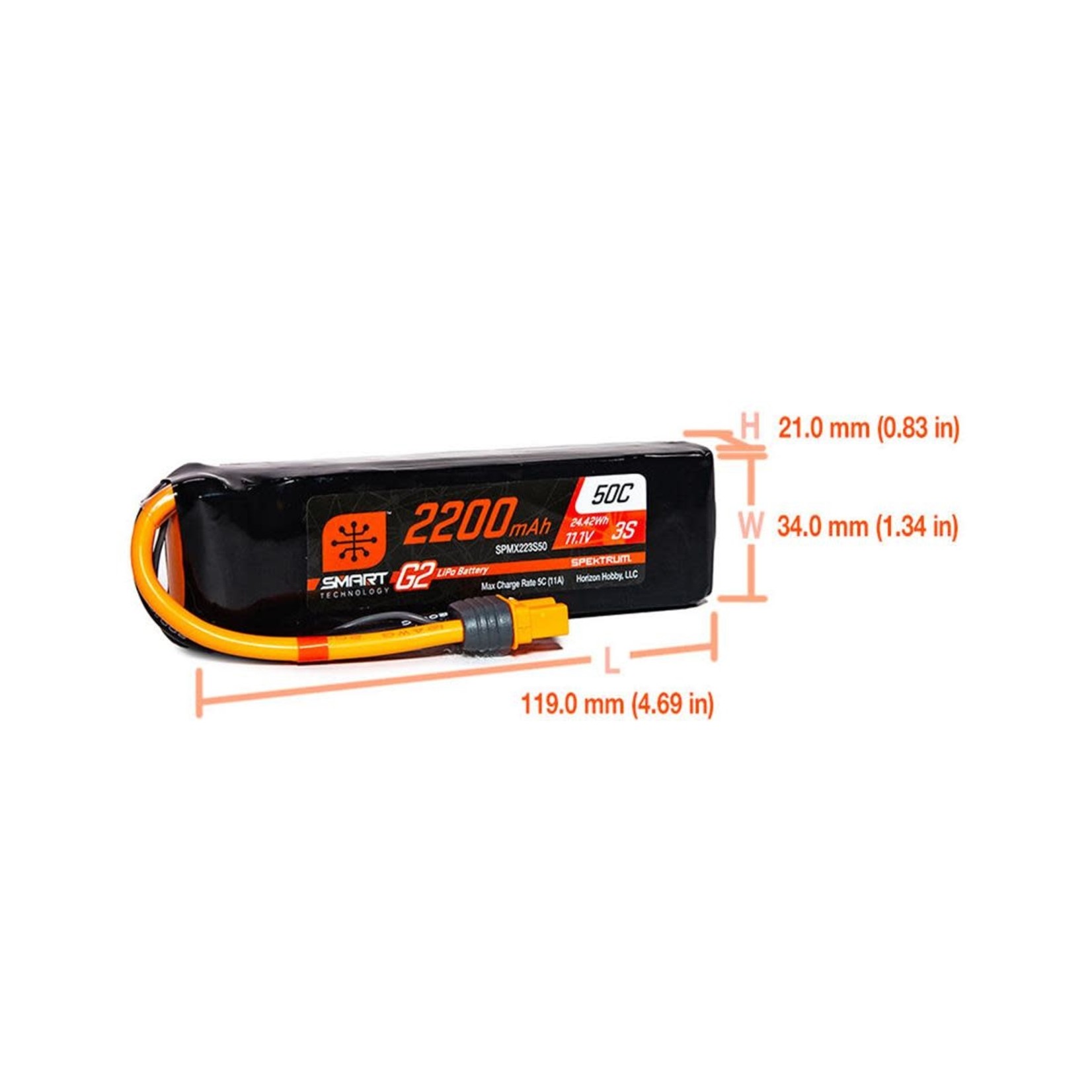 Spektrum #SPMX223S50 Spektrum RC 3S Smart G2 LiPo 50C Battery Pack (11.1V/2200mAh) w/IC3 Connector