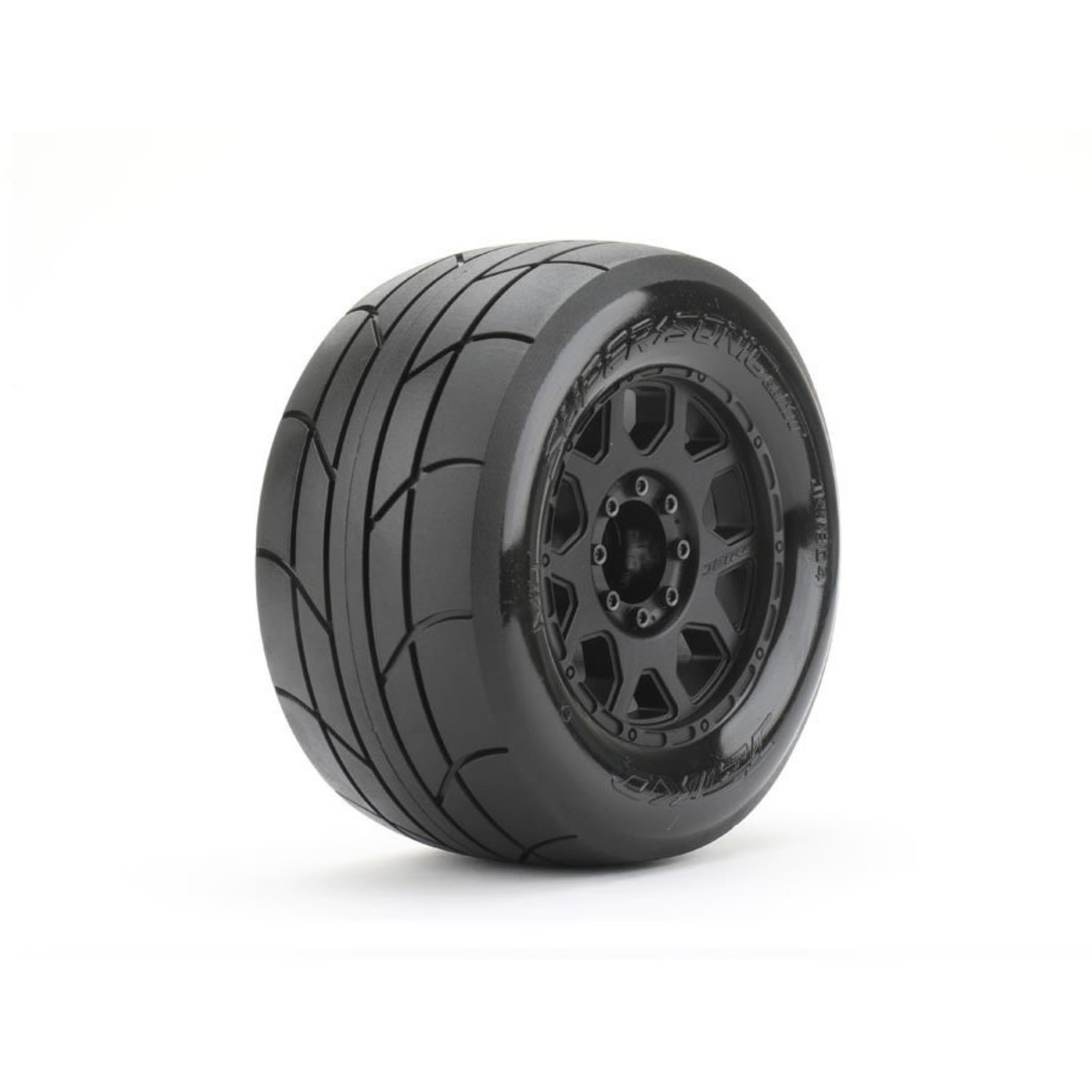 Jetko Tires #JKO1804CBMSGBB2  Jetko Tires 1/8 MT 3.8" Super Sonic Tires Mounted on Black Claw Rims, Medium Soft, Belted, 17mm 1/2" Offset (2)