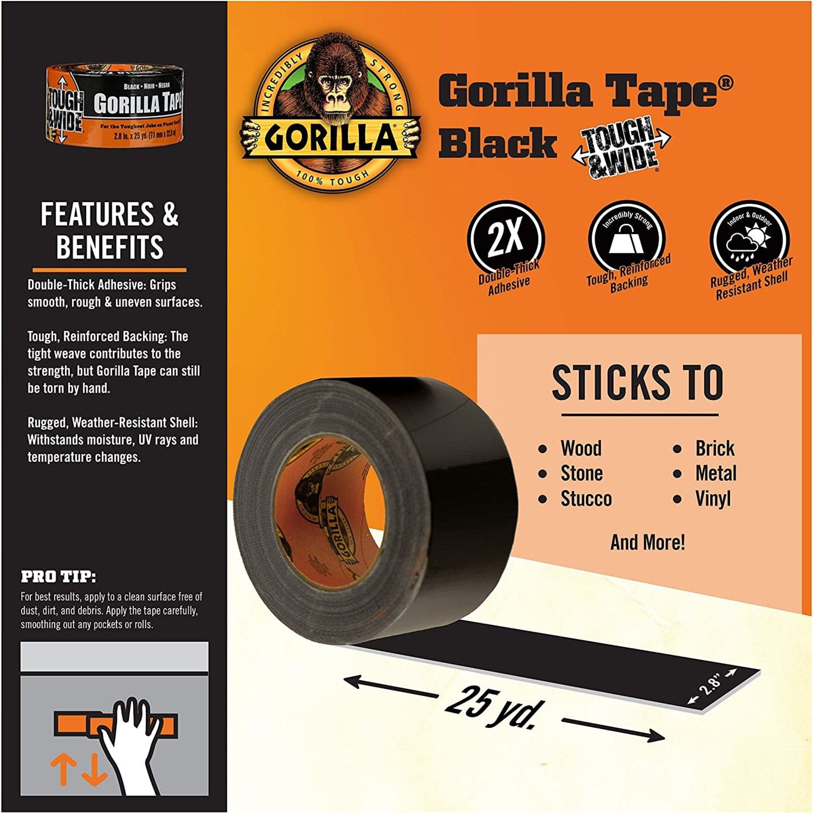 Gorilla Gorilla Tough & Wide Duct Tape, 2.88" x 25yd (Black) (1) #106425