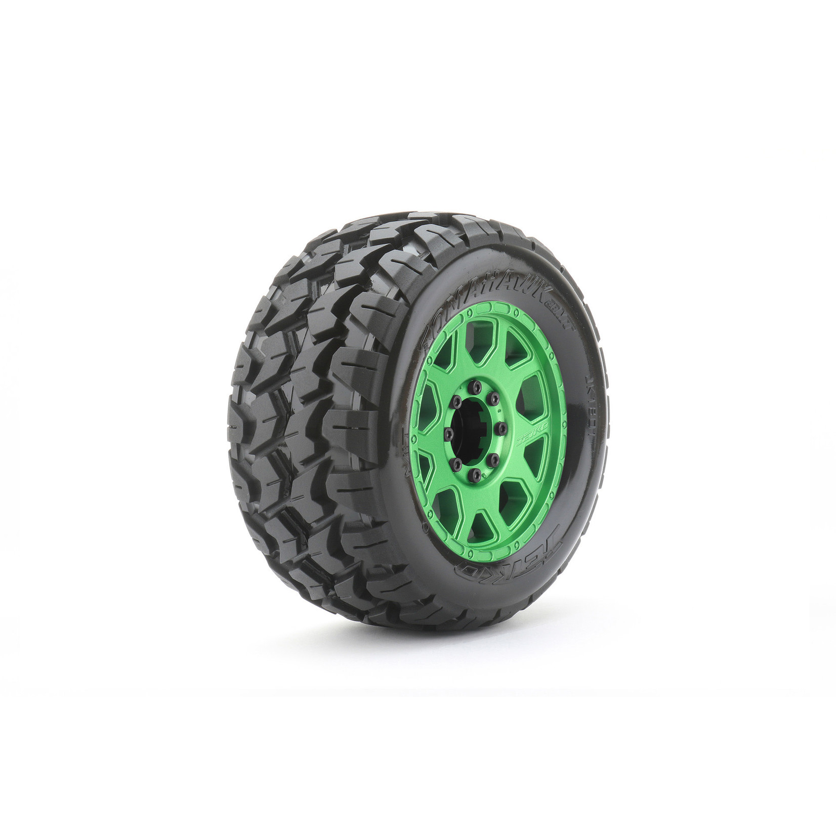 Jetko Tires #JKO1801CGMSGBB2  Jetko Tires 1/8 MT 3.8 EX-Tomahawk, Metal Green Claw Rim, Medium Soft, Belted, Glued, 17mm 1/2" Offset