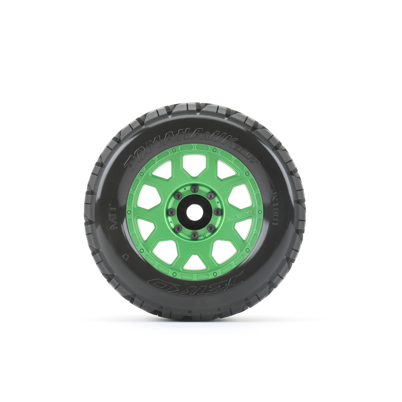 Jetko Tires #JKO1801CGMSGBB2  Jetko Tires 1/8 MT 3.8 EX-Tomahawk, Metal Green Claw Rim, Medium Soft, Belted, Glued, 17mm 1/2" Offset