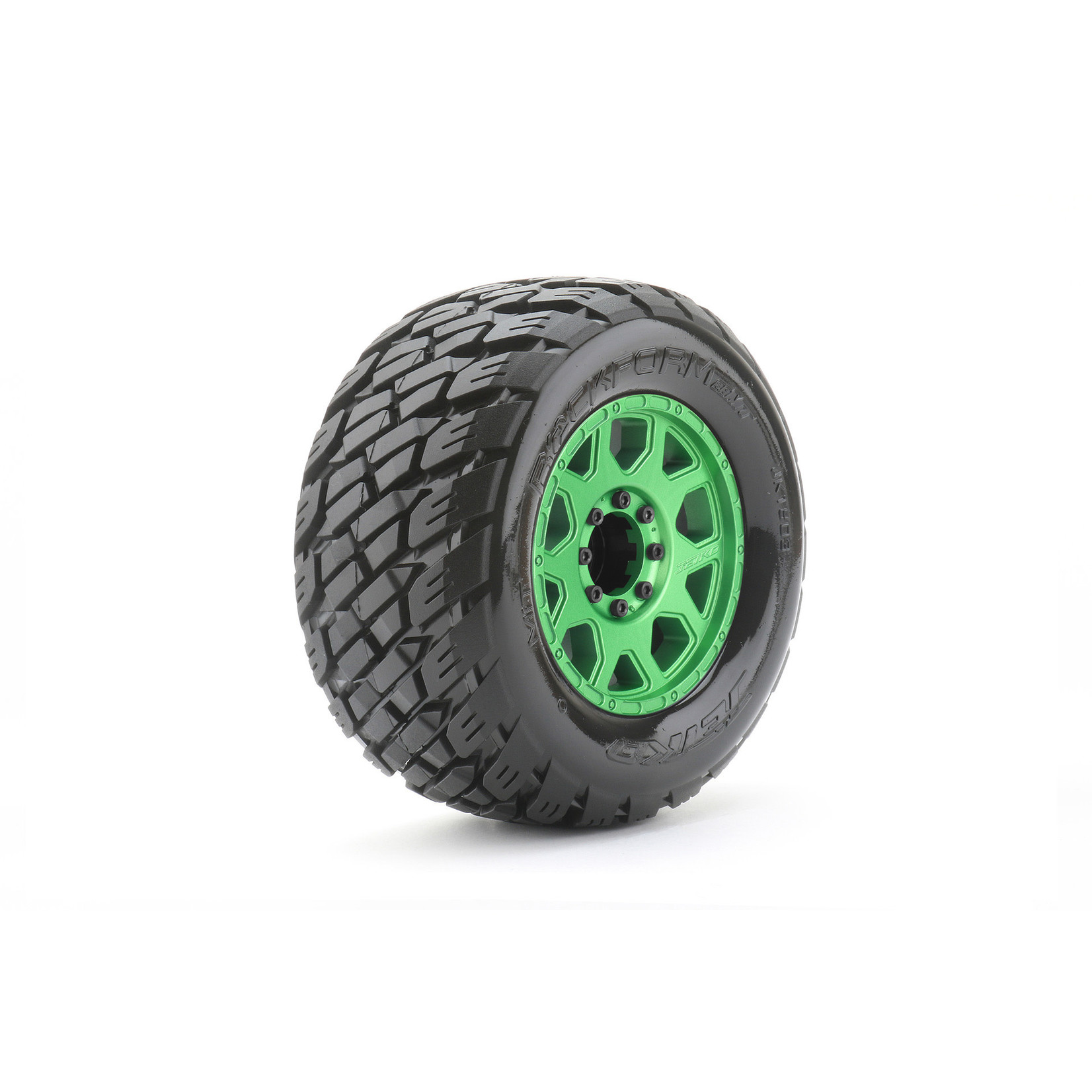 Jetko Tires #JKO1803CGMSGBB2  Jetko Tires 1/8 MT 3.8 EX-Rockform, Mounted on Metal Green Claw Rim, Medium Soft, Belted, Glued, 17mm 1/2" Offset