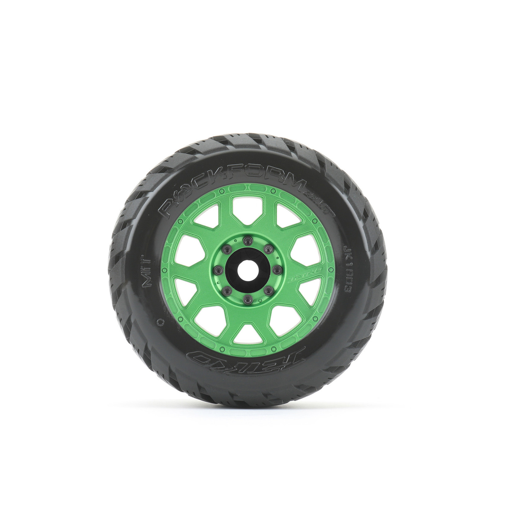 Jetko Tires #JKO1803CGMSGBB2  Jetko Tires 1/8 MT 3.8 EX-Rockform, Mounted on Metal Green Claw Rim, Medium Soft, Belted, Glued, 17mm 1/2" Offset