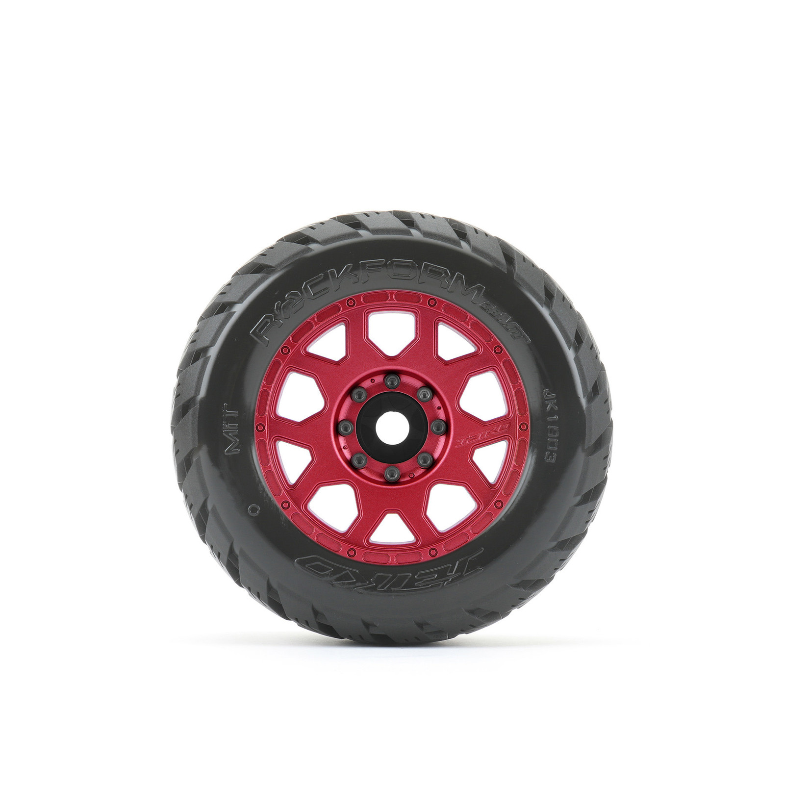Jetko Tires Jetko Tires 1/8 MT 3.8 EX-Rockform, Mounted on Metal Red Claw Rim, Medium Soft, Belted, Glued, 17mm 1/2" Offset #JKO1803CRMSGBB2