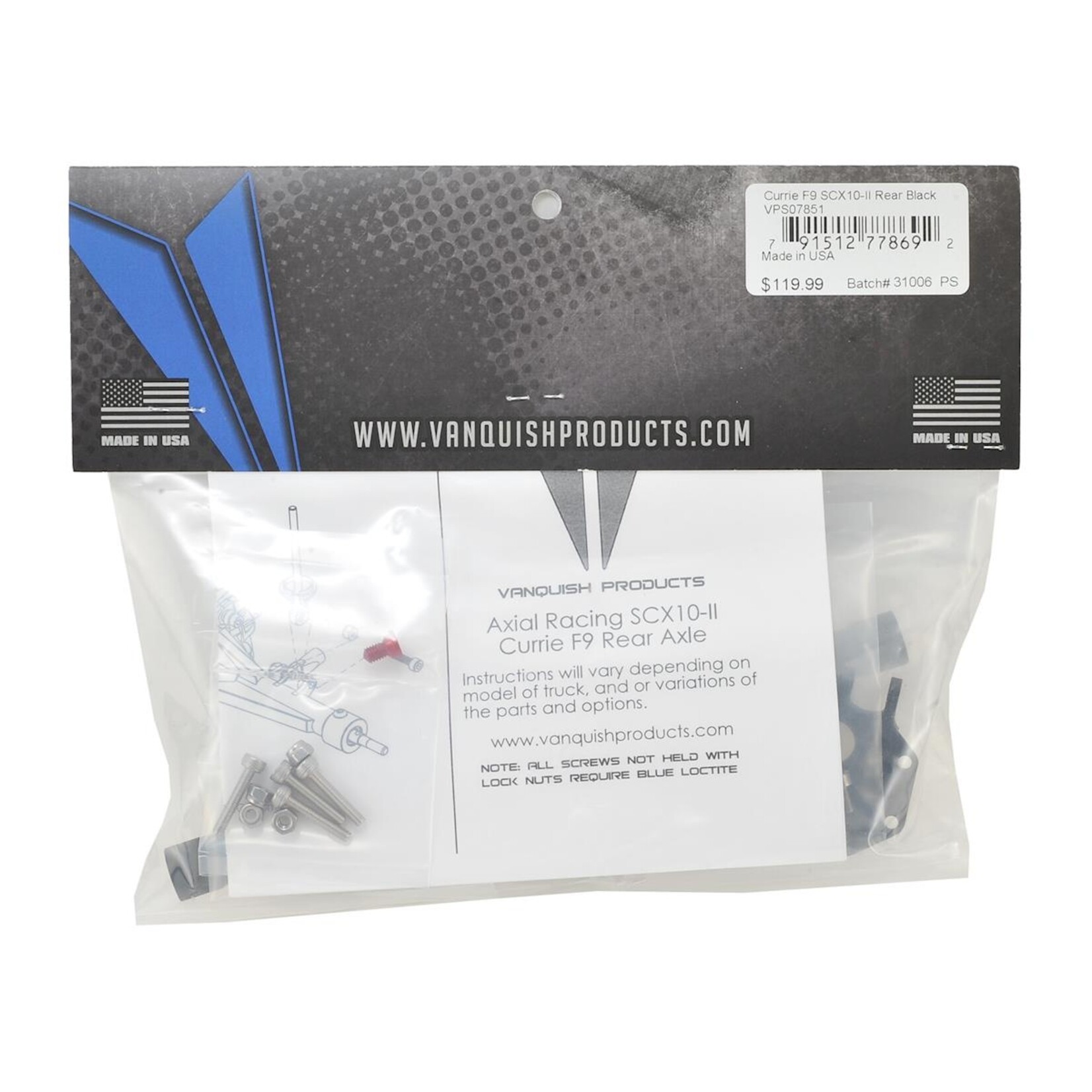 Vanquish Products #VPS07851 Vanquish Products Currie F9 SCX10 II Rear Axle (Black)