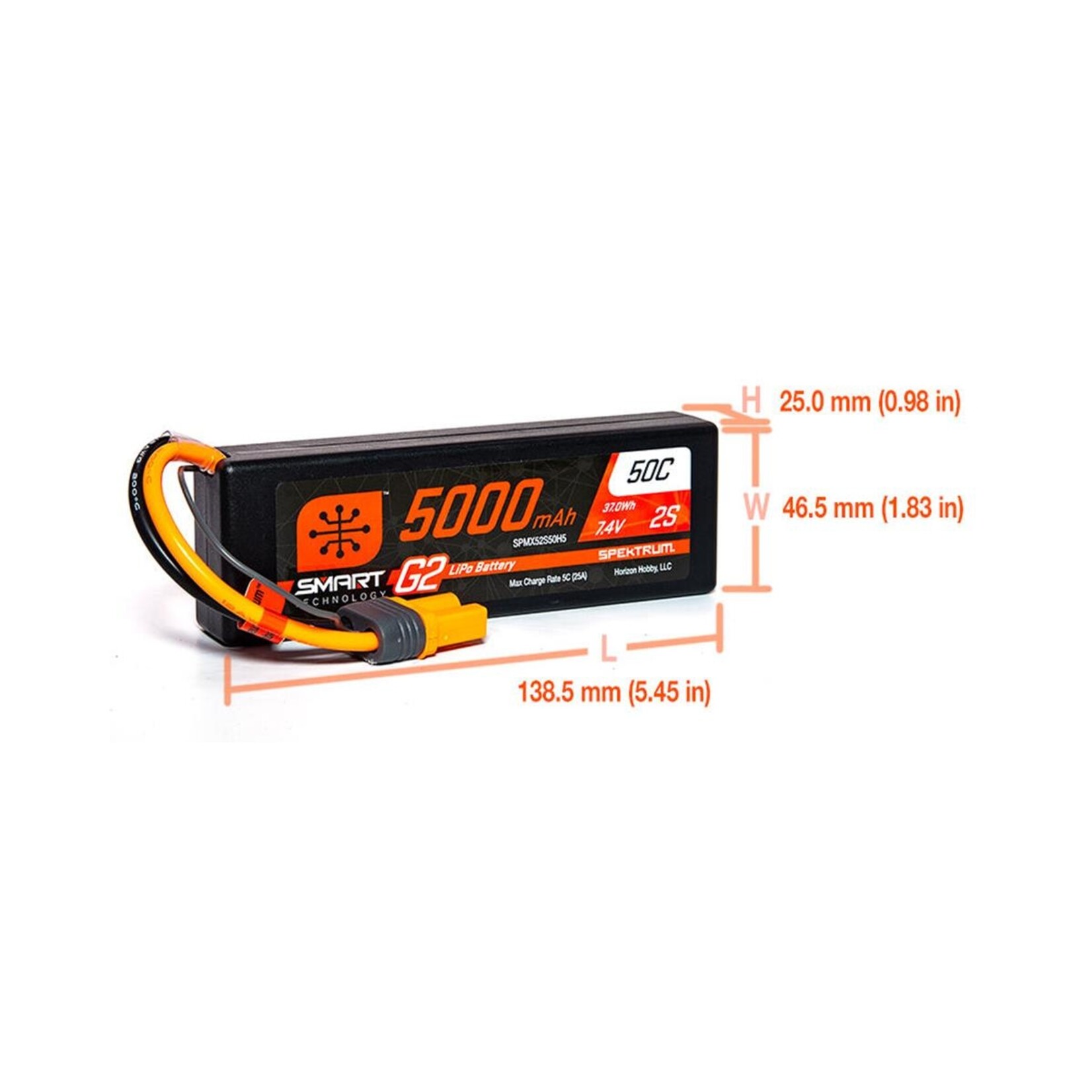 Spektrum #SPMX52S50H5 Spektrum RC 2S Smart LiPo 50C Hard Case Battery Pack (7.4V/5000mAh) w/IC5 Connector