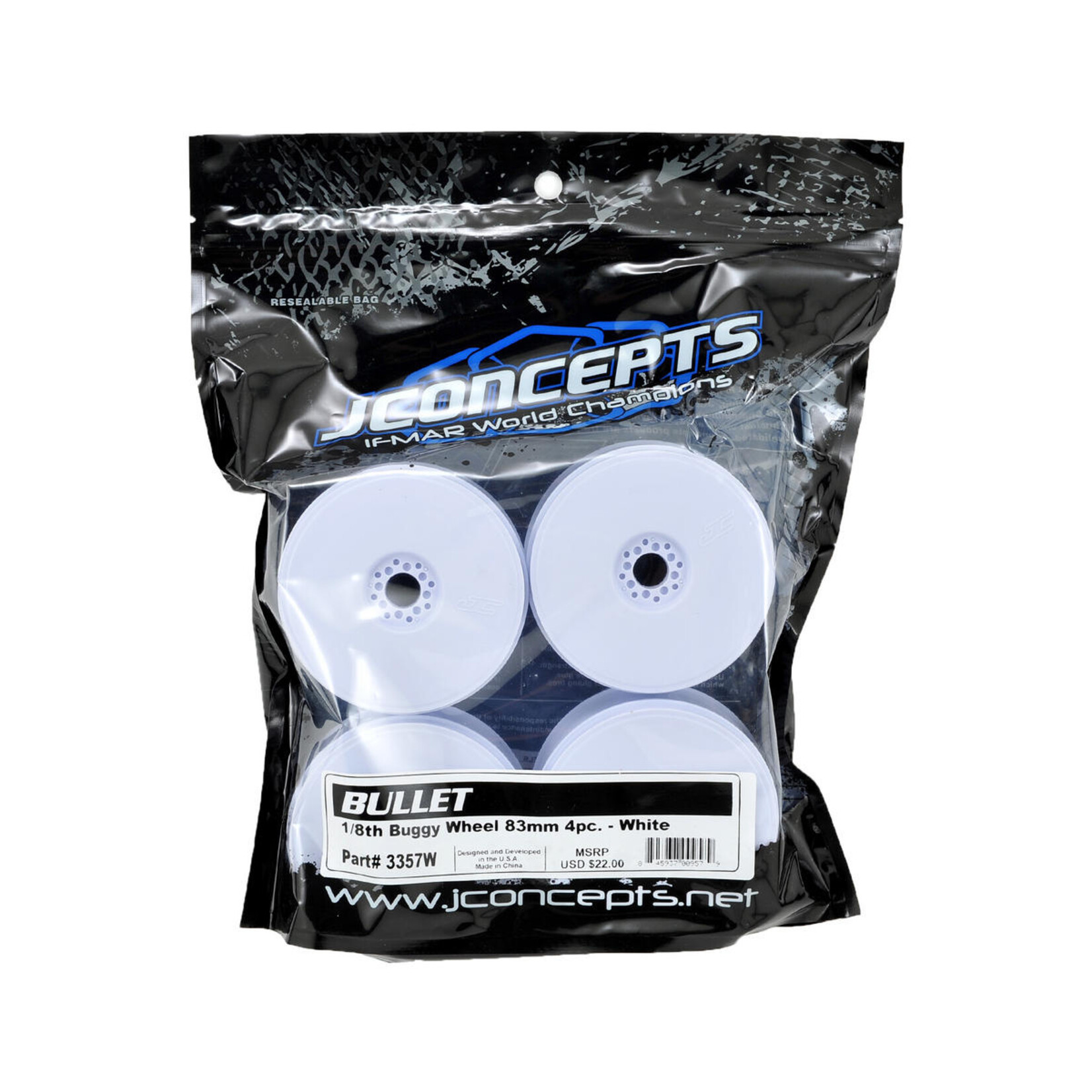 JConcepts #3357W JConcepts 83mm Bullet 1/8th Buggy Wheel (4) (White)