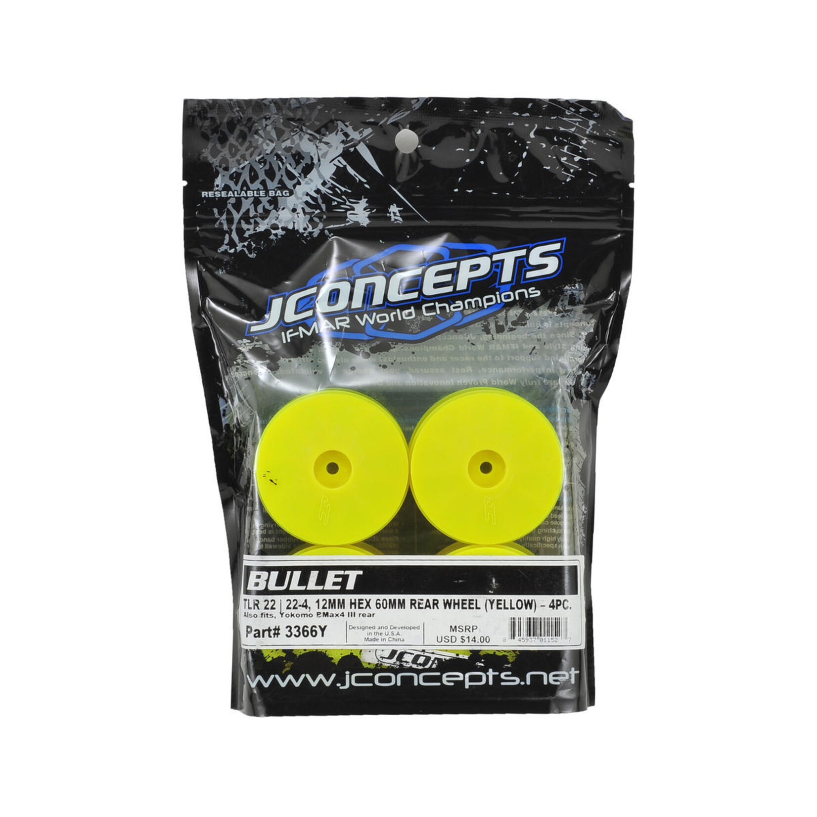 JConcepts #3366Y JConcepts 12mm Hex Bullet 60mm Rear Wheels (4) (22/22-4/B-MAX4) (Yellow)