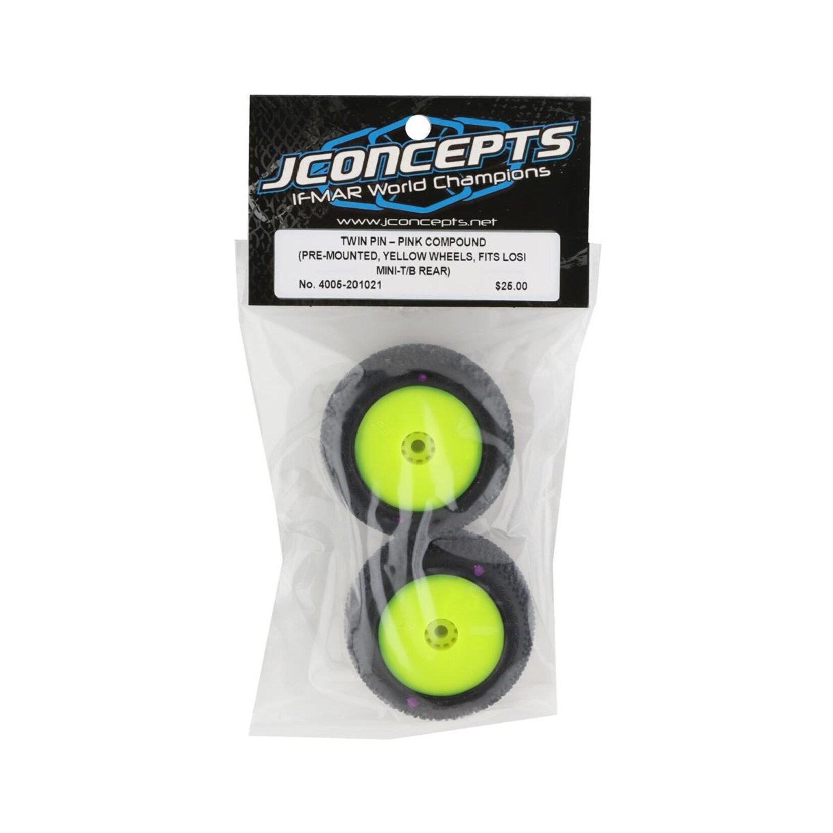 JConcepts #4005-201021 JConcepts Mini-B/Mini-T 2.0 Twin Pin Pre-Mounted Rear Tires (Yellow) (2) (Pink)