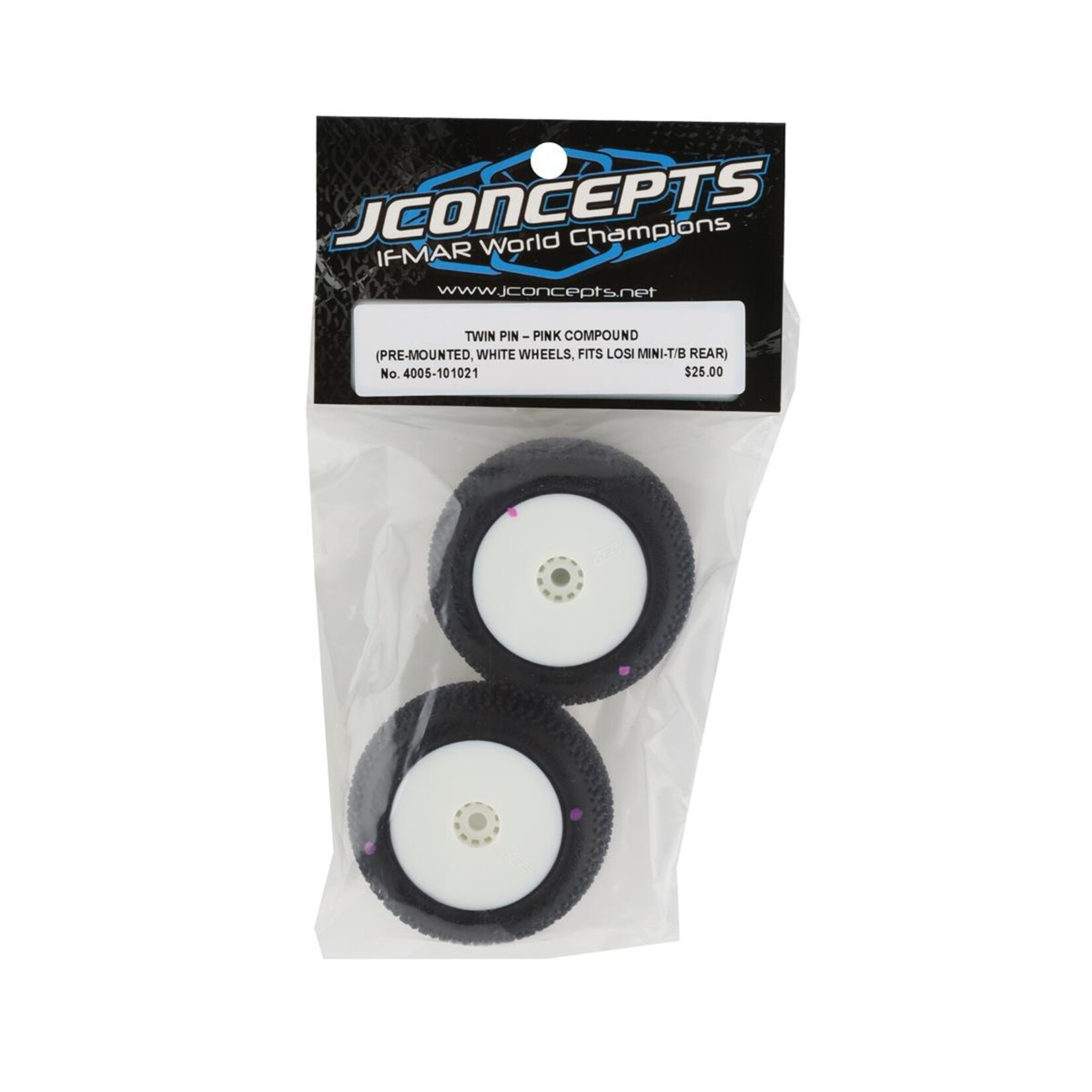 JConcepts #4005-101021 JConcepts Mini-B/Mini-T 2.0 Twin Pin Pre-Mounted Rear Tires (White) (2) (Pink)
