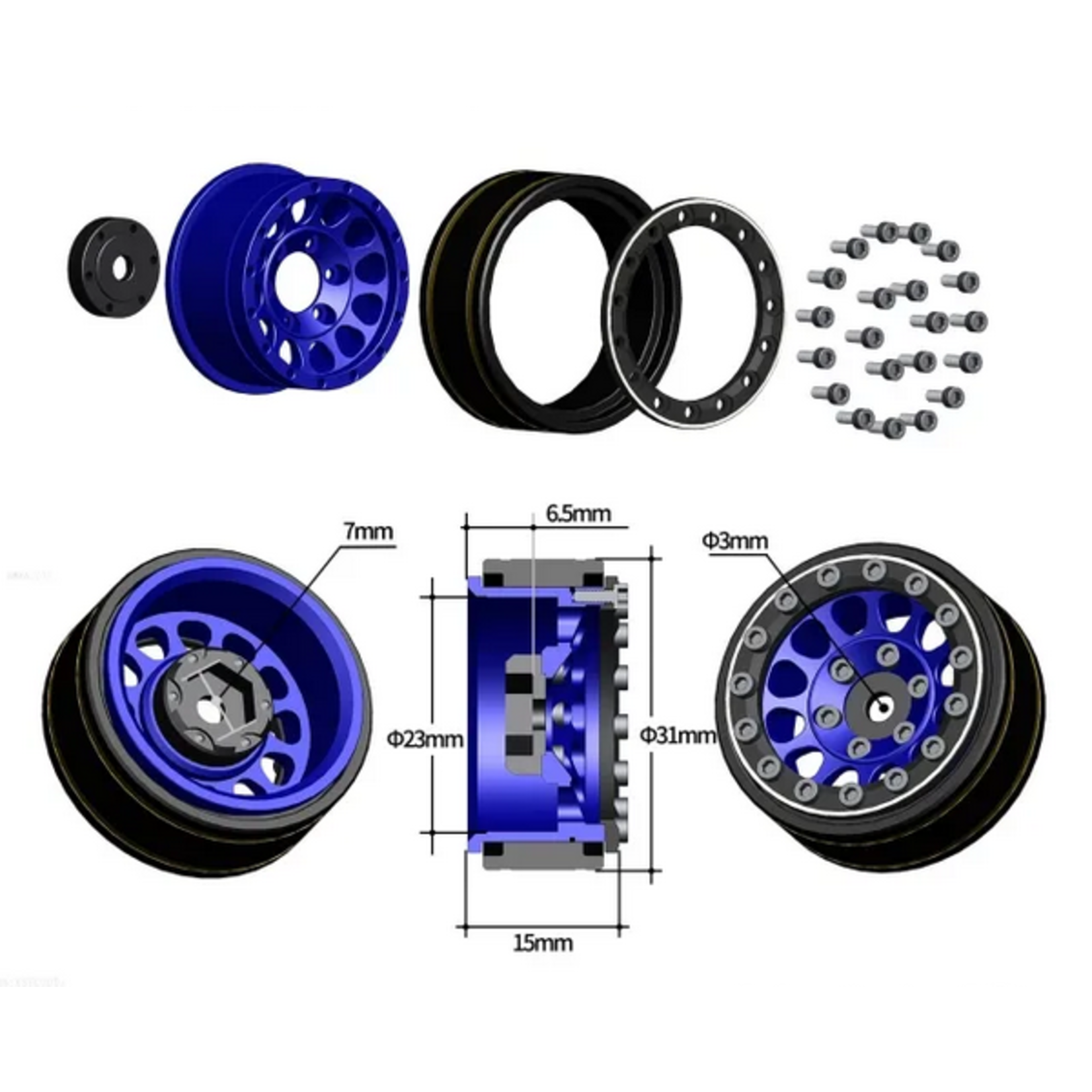 Treal Treal Hobby Type I 1.0" Classic 12-Spoke Beadlock Wheels (Blue) (4) (27.2g) #X003Z3T3WV