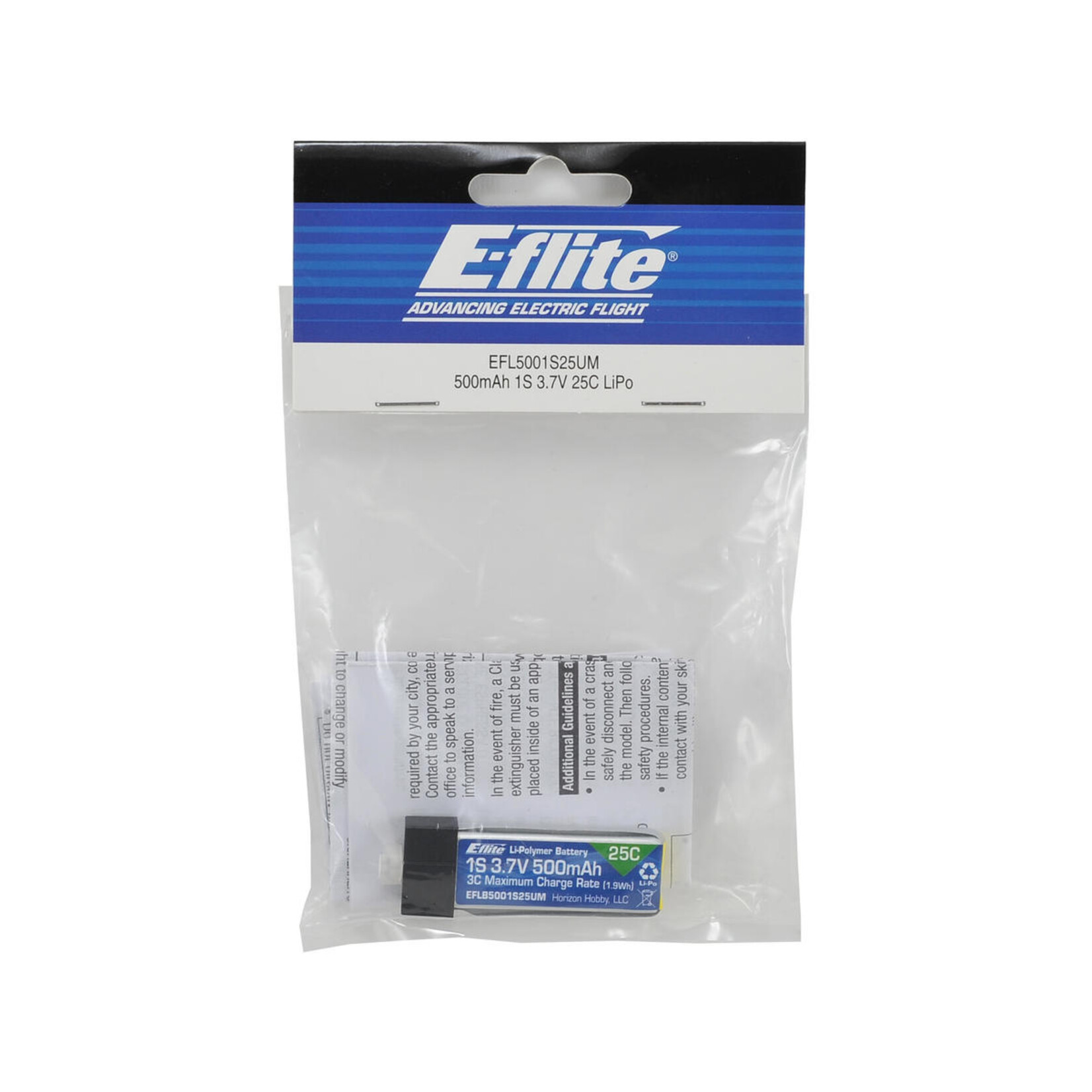 E-flite #EFLB5001S25UM E-flite 3.7V 500mAh 1S 25C LiPo Battery: PH 2.0 (High-Current Ultra Micro)