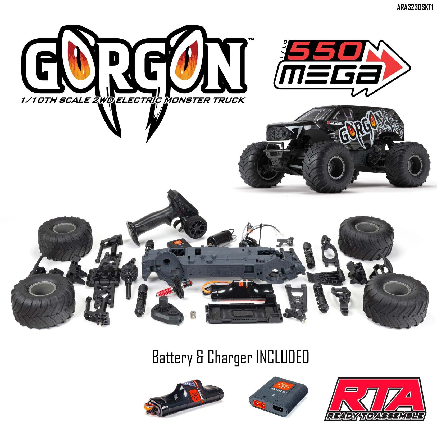 ARRMA #ARA3230SKT1 Arrma Gorgon 4X2 MEGA 550 Brushed 1/10 Monster Truck Ready-To-Assemble Kit w/SLT2 2.4GHz Radio, Battery & Charger
