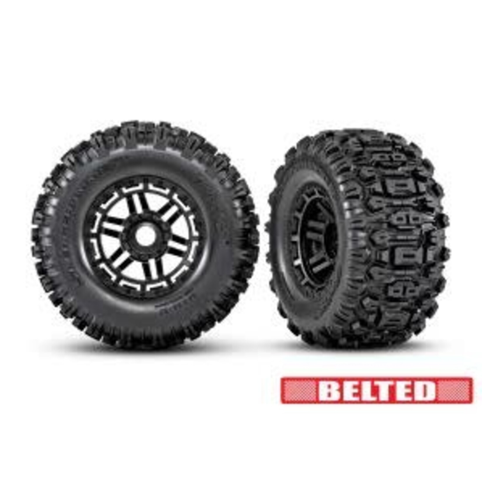 Traxxas #8979 Traxxas Tires & wheels, assembled, glued (black wheels, belted Sledgehammer® All-Terrain tires, dual profile (2.9" outer, 3.8" inner), foam inserts) (2) (17mm splined) (TSM® rated)