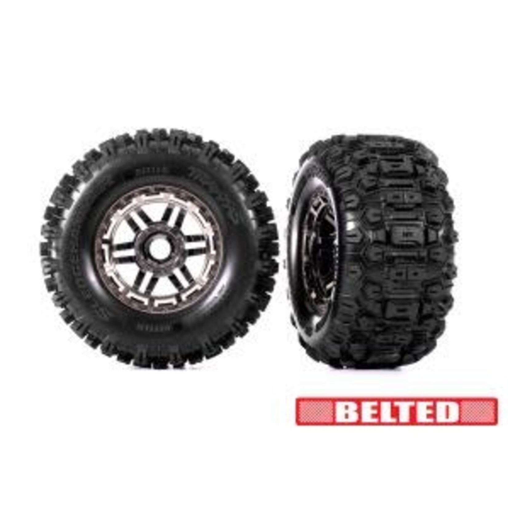 Traxxas Traxxas Tires & wheels, assembled, glued (black chrome wheels, belted Sledgehammer® All-Terrain tires, dual profile (2.9" outer, 3.8" inner), foam inserts) (2) (17mm splined) (TSM® rated) #8979A