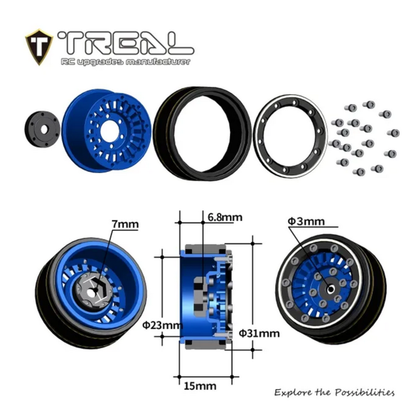 Treal #X00392SUS1 TREAL SCX24 Wheels 1.0'' Beadlock Wheels(4P) for 1/24 Micro RC SCX24 Bronco Gladiator C10 Deadbolt -Type C