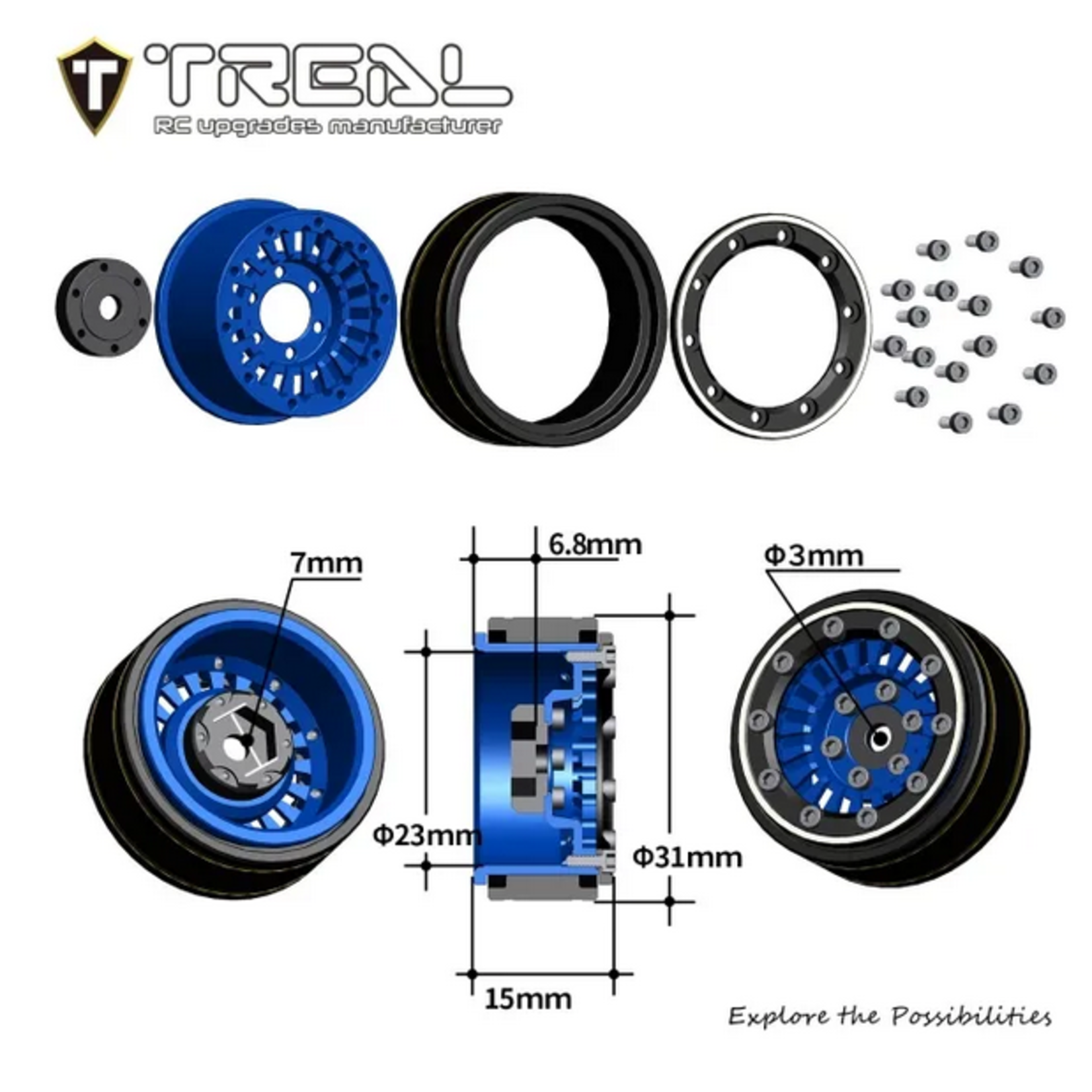 Treal #X003938535 TREAL SCX24 Wheels 1.0'' Beadlock Wheels(4P) for 1/24 Micro RC SCX24 Bronco Gladiator C10 Deadbolt -Type C