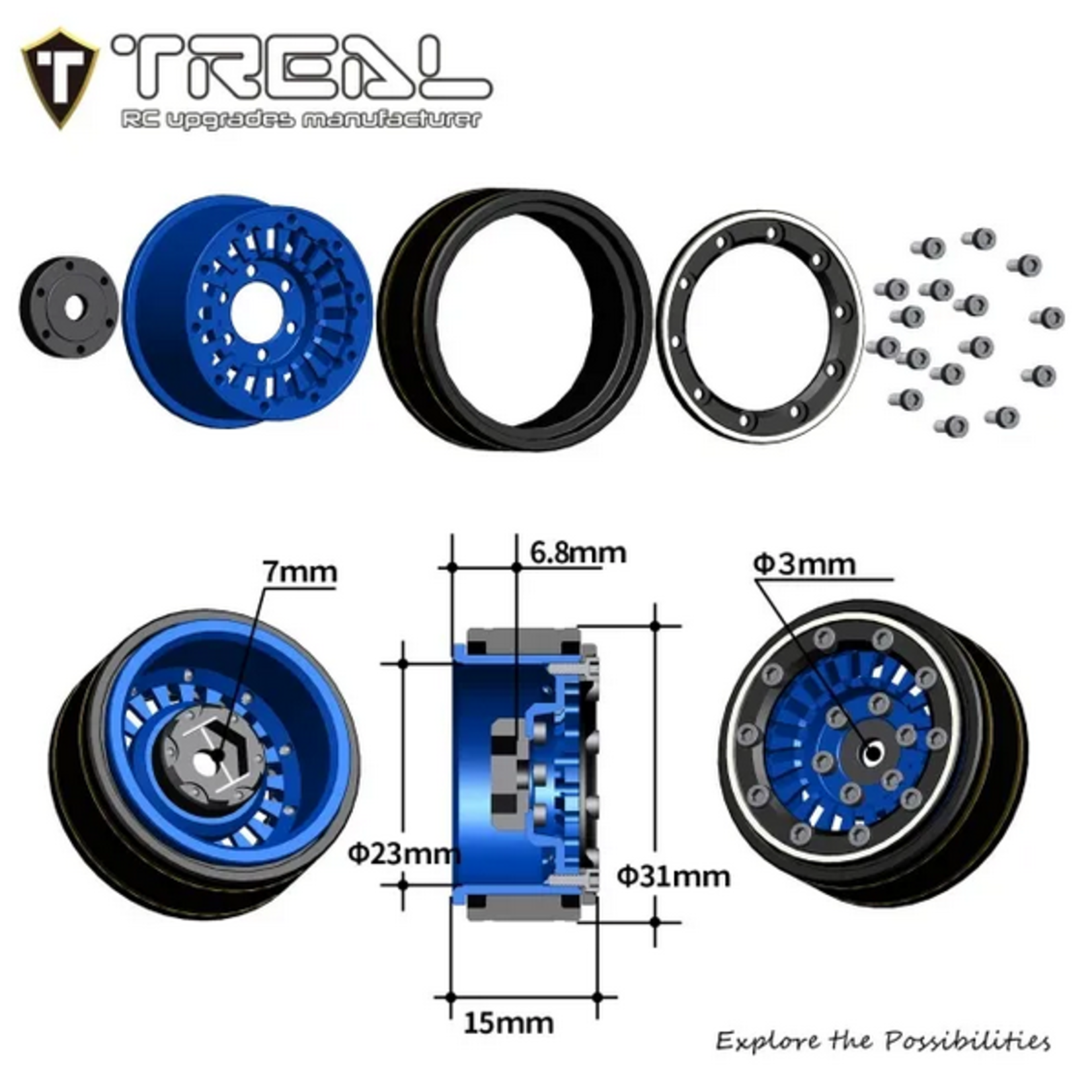 Treal #X00392SURR TREAL SCX24 Wheels 1.0'' Beadlock Wheels(4P) for 1/24 Micro RC SCX24 Bronco Gladiator C10 Deadbolt -Type C