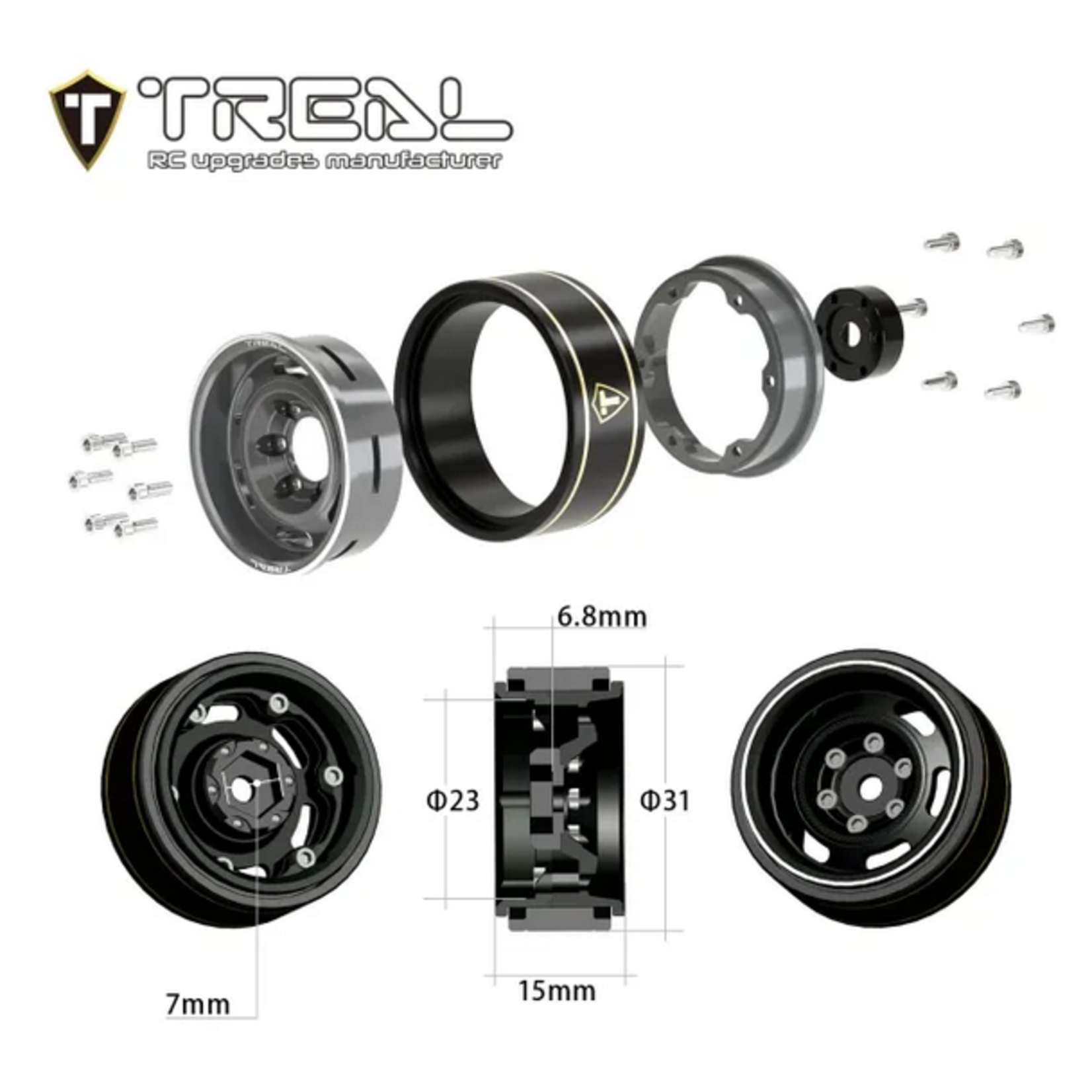 Treal #X003GZCO6Z Treal Hobby Type E 1.0" 6-Slot Beadlock Wheels (Titanium) (4) (21.9g)