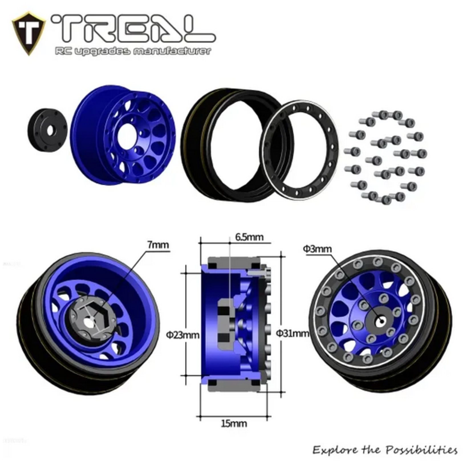 Treal #X003Z3T9EN Treal Hobby Type I 1.0" Classic 12-Spoke Beadlock Wheels (Red) (4) (27.2g)