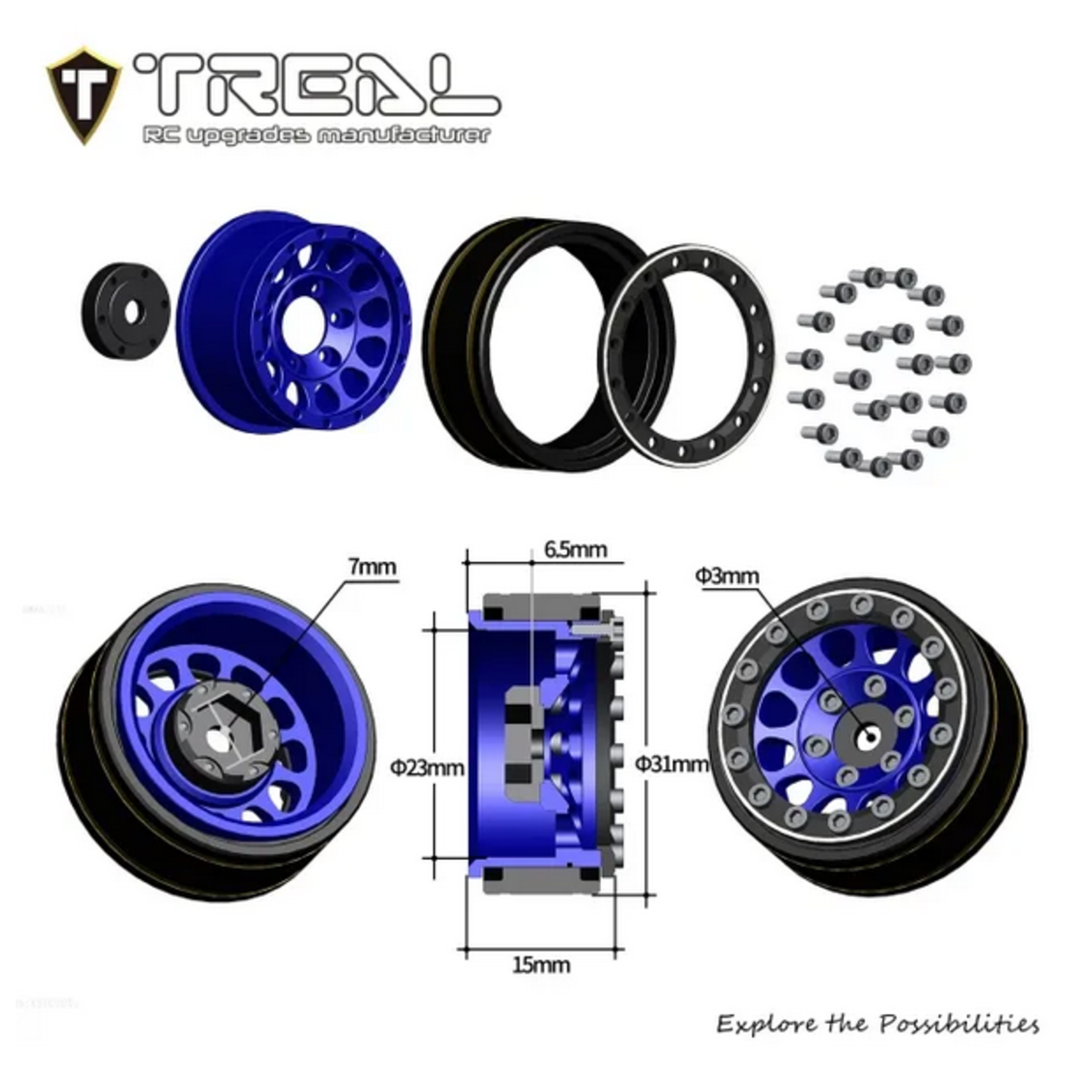 Treal #X0042BYMNF Treal Hobby Type I 1.0" Classic 12-Spoke Beadlock Wheels (Grey) (4) (27.2g)