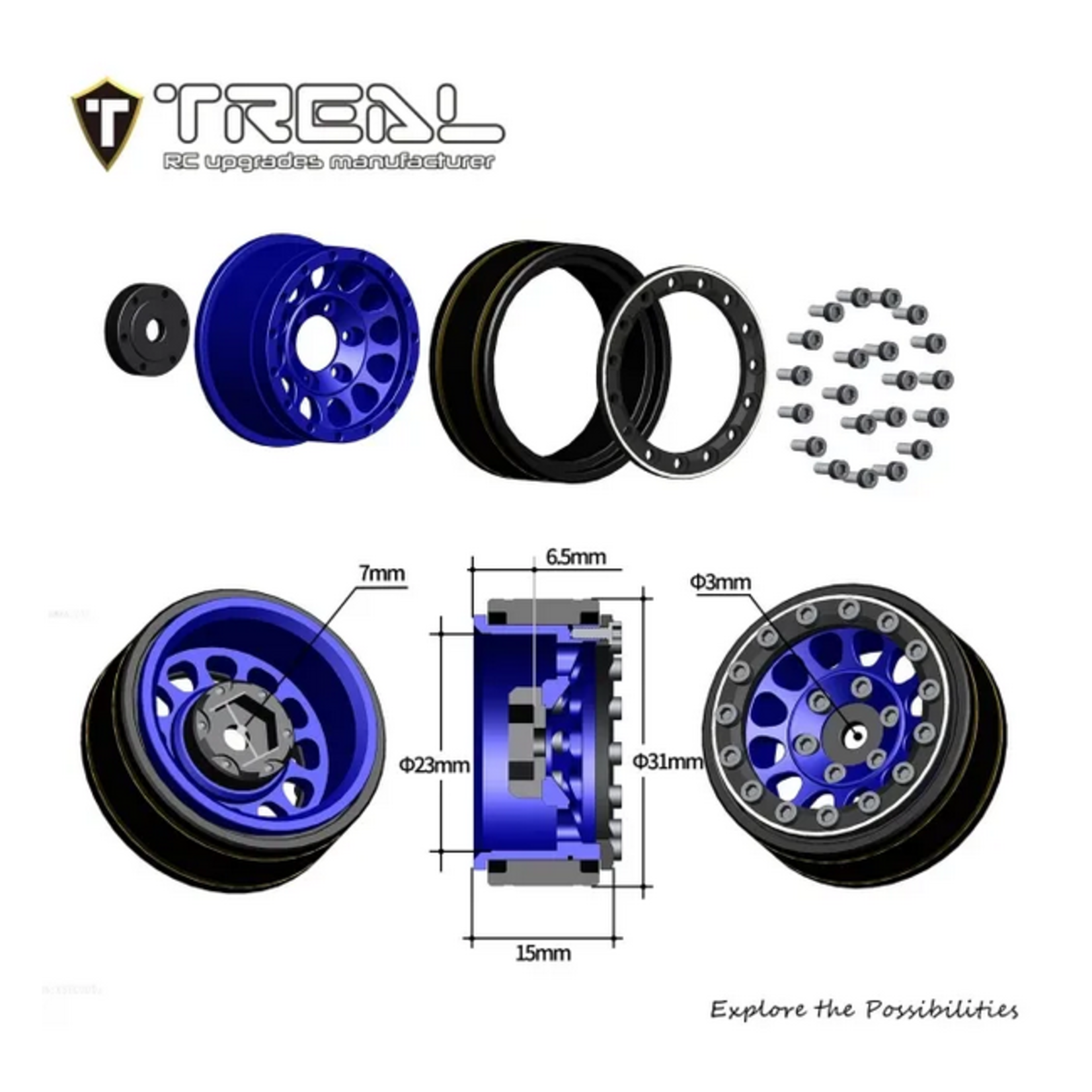 Treal #X003Z3T1HN Treal Hobby Type I 1.0" Classic 12-Spoke Beadlock Wheels (Black) (4) (27.2g)