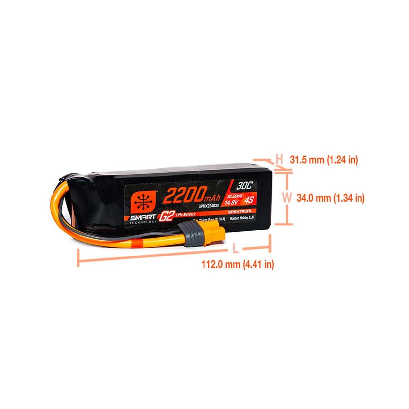 Spektrum #SPMX224S30 Spektrum RC 4S Smart G2 LiPo 30C Battery Pack w/IC3 Connector (14.8V/2200mAh)