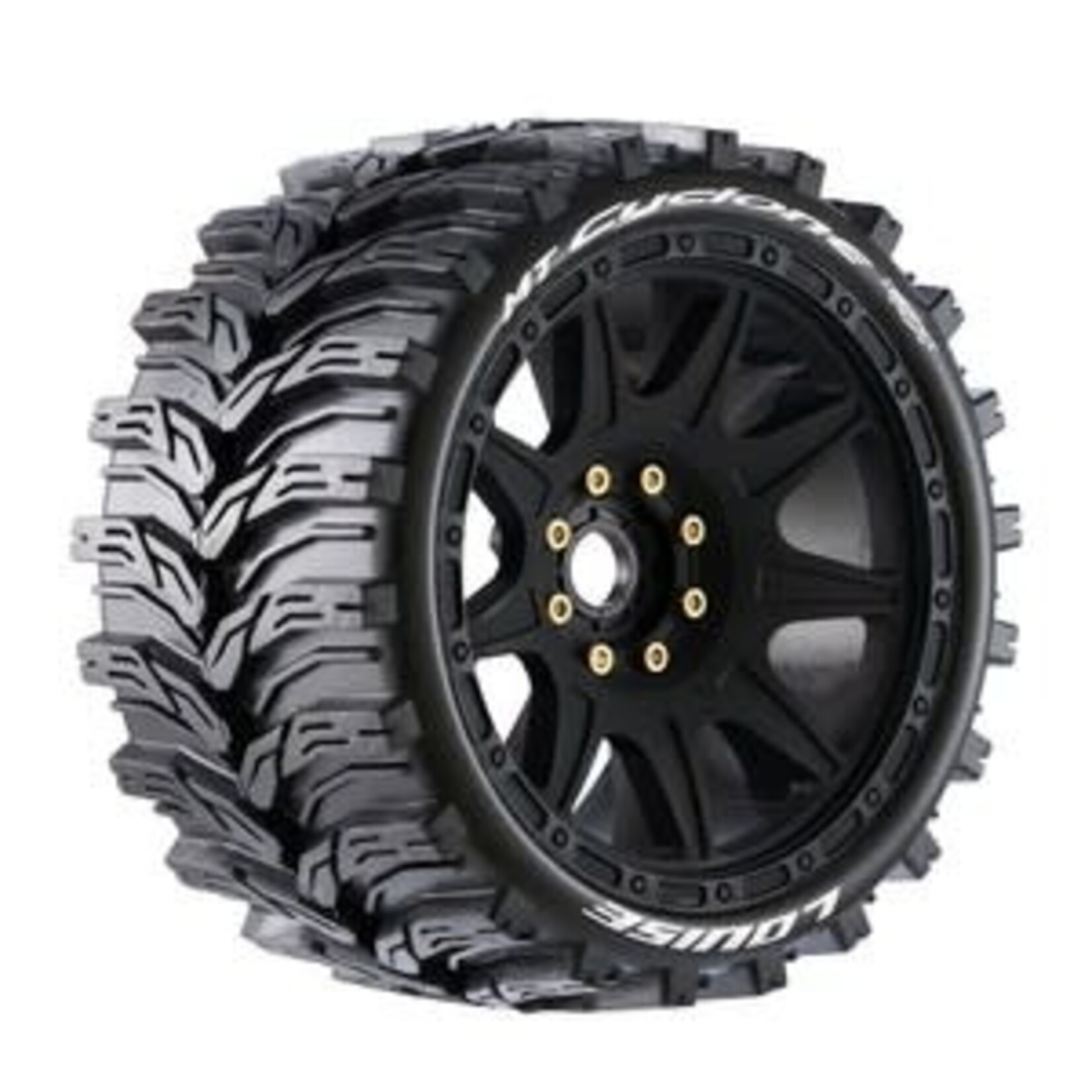 Louise #L-T3356SB  Louise MT-Cyclone Speed 1/8 Monster Truck Tires, 0" & 1/2" Offset, 17mm Removable Hex on Black Rim, Soft(2)
