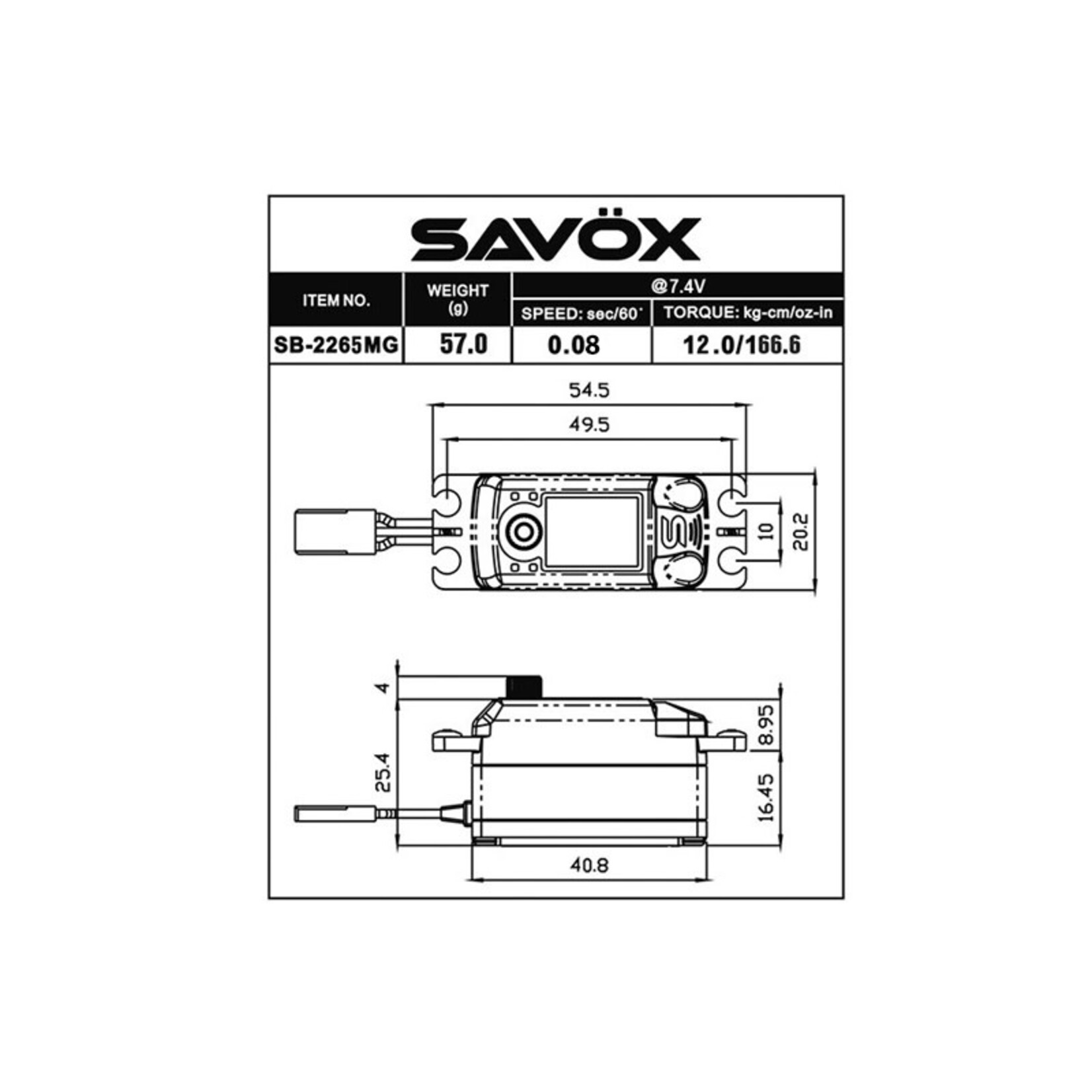 Savox #SB-2265MG Savox Black Edition Low Profile High Voltage Brushless Digital Servo, 0.08sec / 166.6oz @ 7.4V