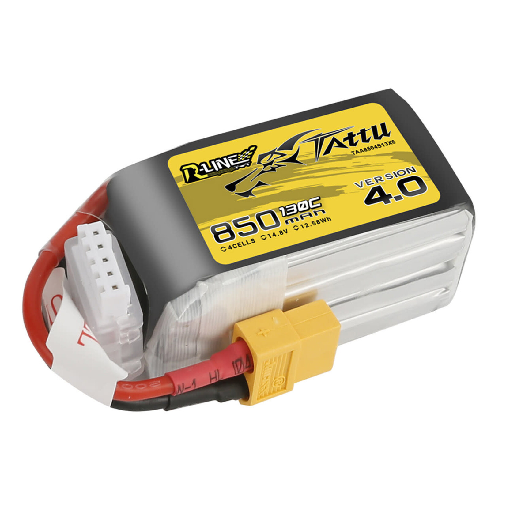 Tattu #TAA8504S13X6 Tattu 850mAh 4S 130C 14.8V R-Line Version 4.0 Lipo Battery Pack with XT60 Plug