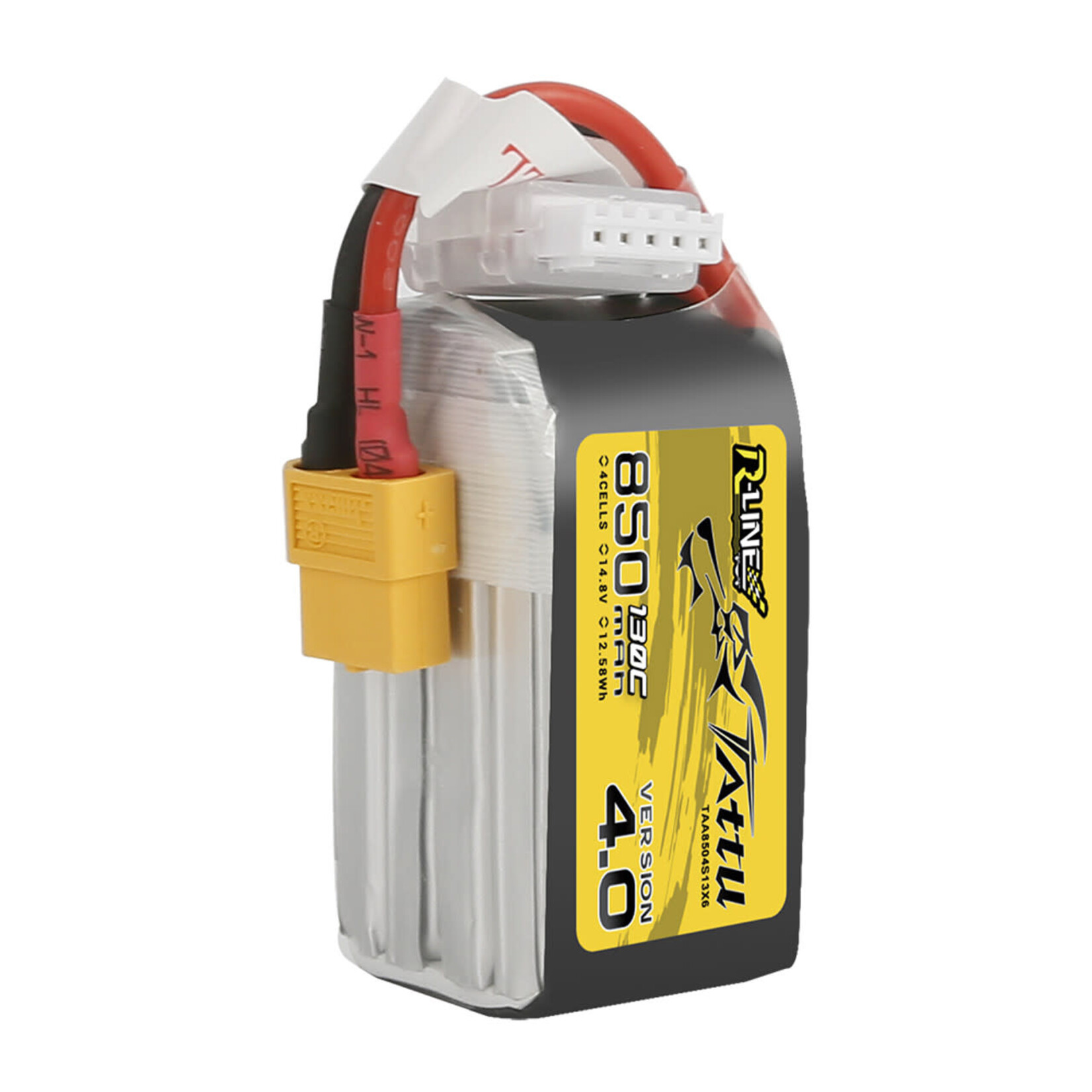 Tattu #TAA8504S13X6 Tattu 850mAh 4S 130C 14.8V R-Line Version 4.0 Lipo Battery Pack with XT60 Plug