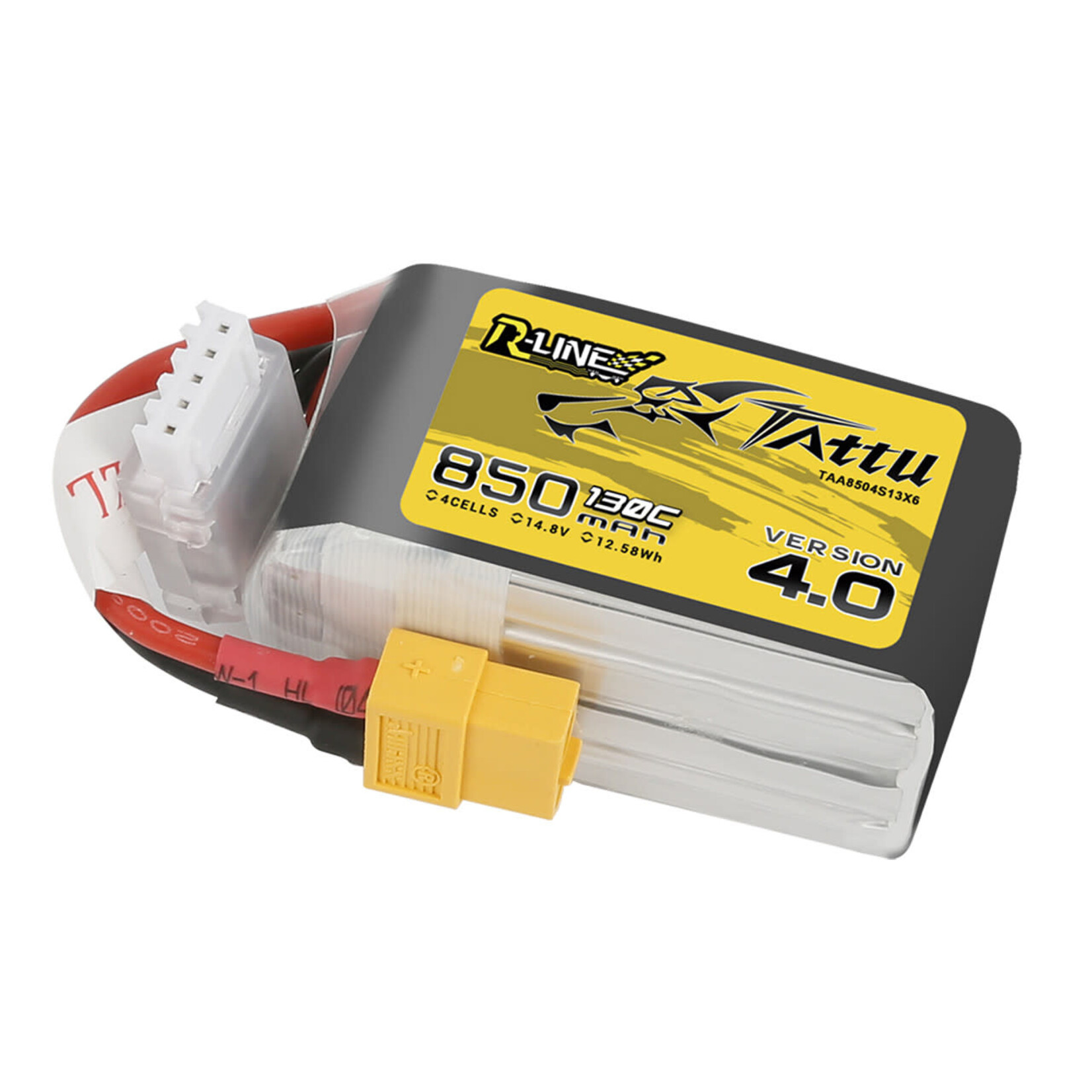 Tattu #TAA8504S13X6 Tattu 850mAh 4S 130C 14.8V R-Line Version 4.0 Lipo Battery Pack with XT60 Plug