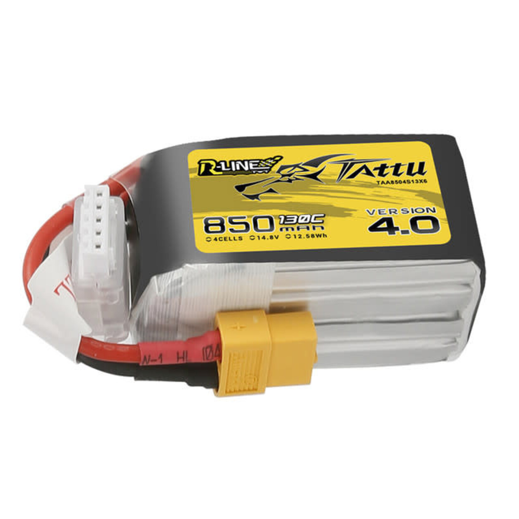 Tattu #TAA8504S13X6 Tattu 850mAh 4S 130C 14.8V R-Line Version 4.0 Lipo Battery Pack with XT60 Plug