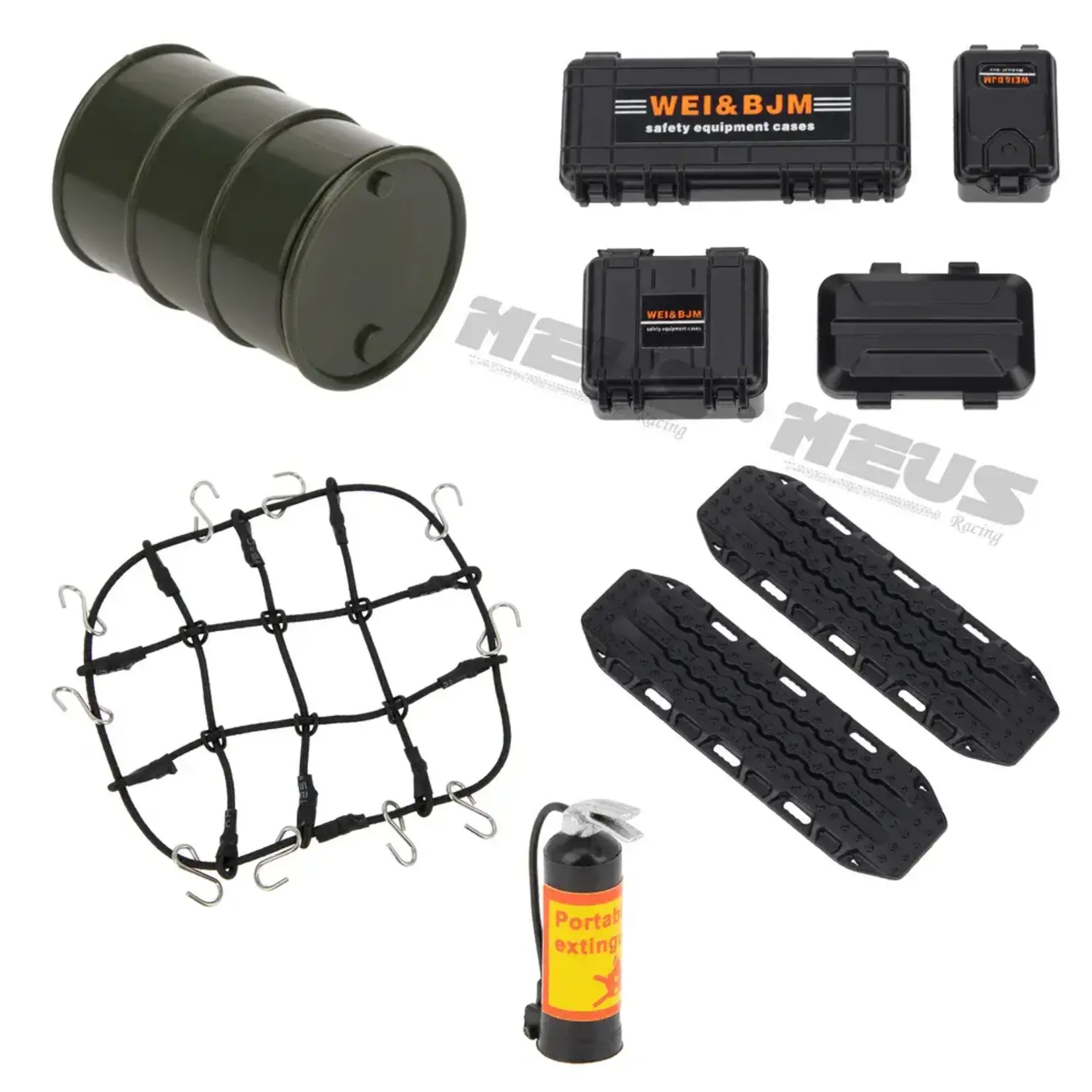 Meus Racing #HD0069-SCX24-D-BLACK Meus Racing Decoration Parts Plastic Oil Drum Luggage Traction Board Ramps Restoring Sand Ladder Luggage Net for 1/18 TRX4M & 1/24SCX24 - BLACK