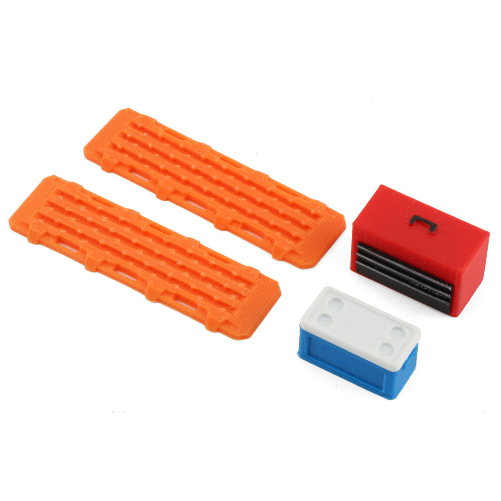 Scale By Chris #SBCTR12Scale By Chris 1/18 Miniature Scale Accessory Bundle w/Red Tool Box, Blue Small Chest & Orange Ramps