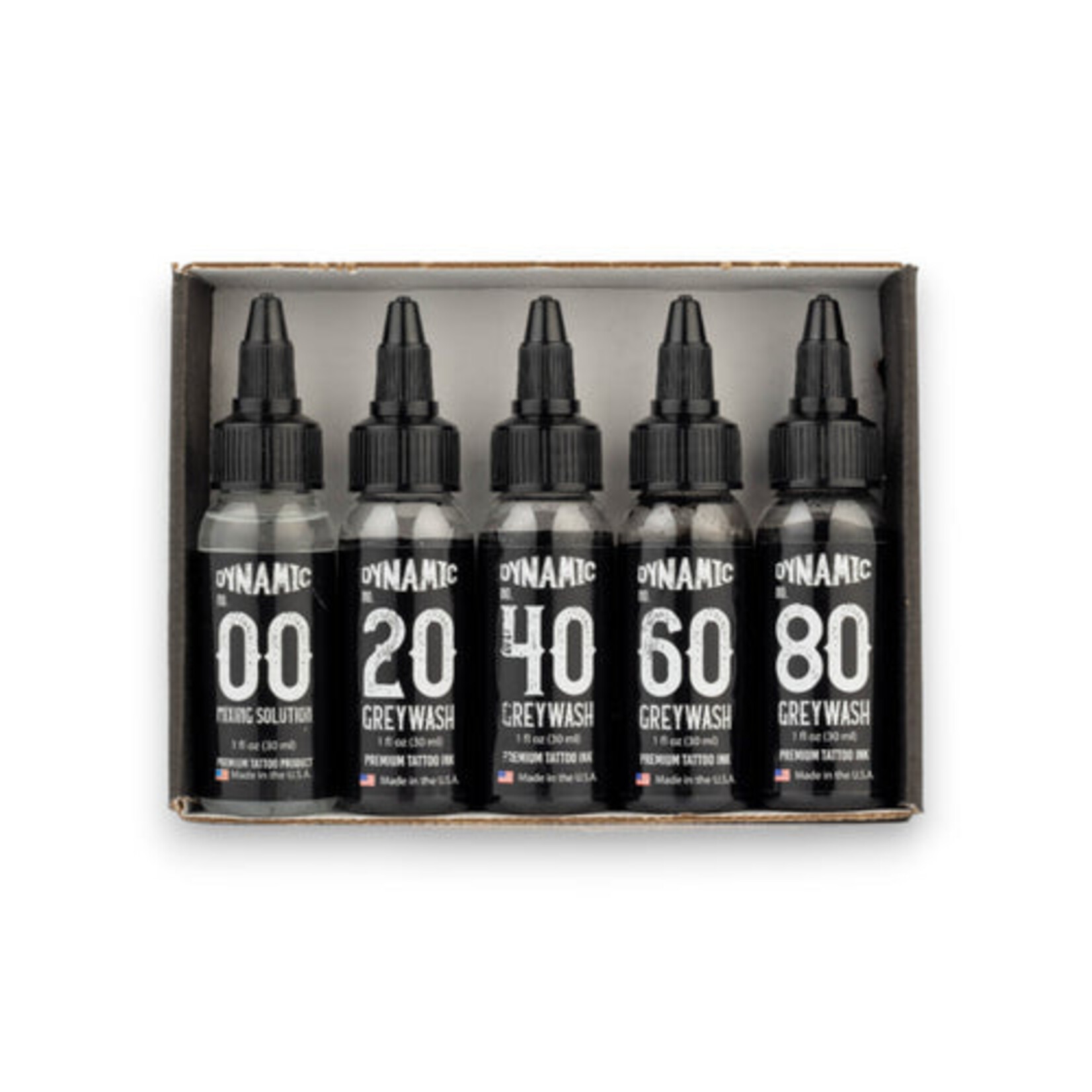 DYNAMIC INK DYNAMIC GREYWASH TATTOO INK - 1OZ BOTTLE SET (NOW INCLUDING 1OZ MIXING SOLUTION)
