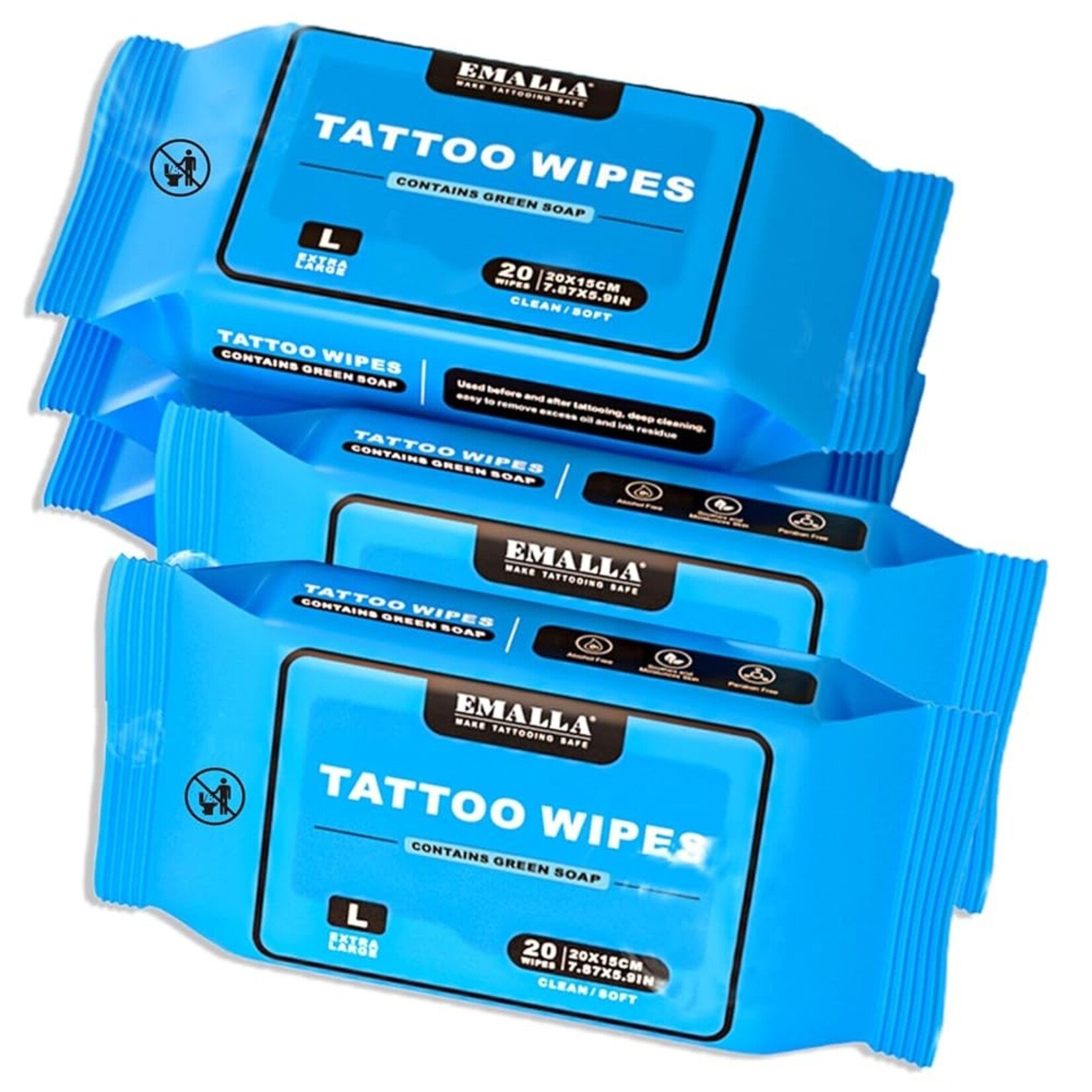 EMALLA TATTOO WIPES WITH GREEN SOAP OR ANTI-INFLAMMATORY