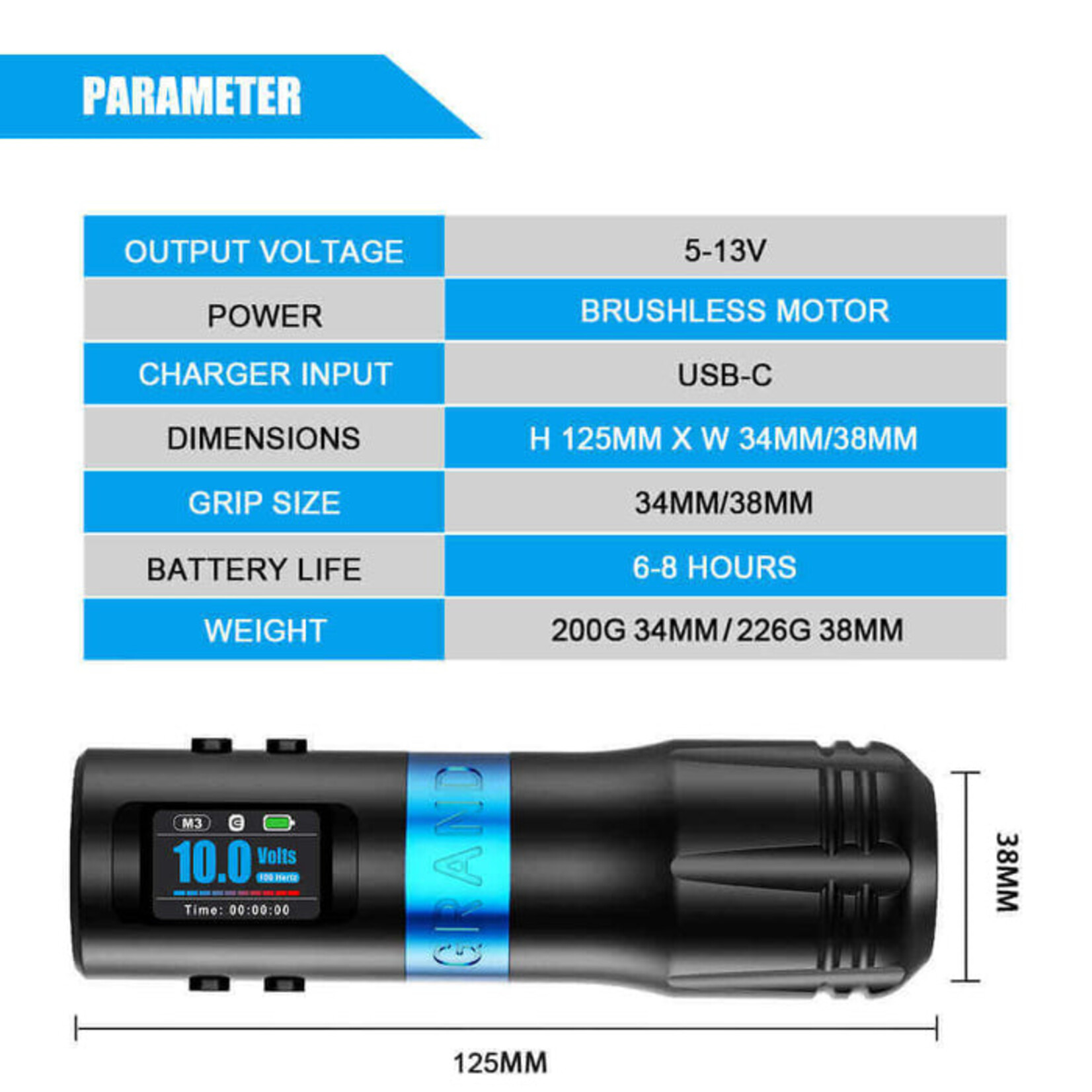 EMALLA WIRELESS TATTOO MACHINE  4.2mm  STROKE SOFT FUNCTION - GRAND G4 (BLUE)