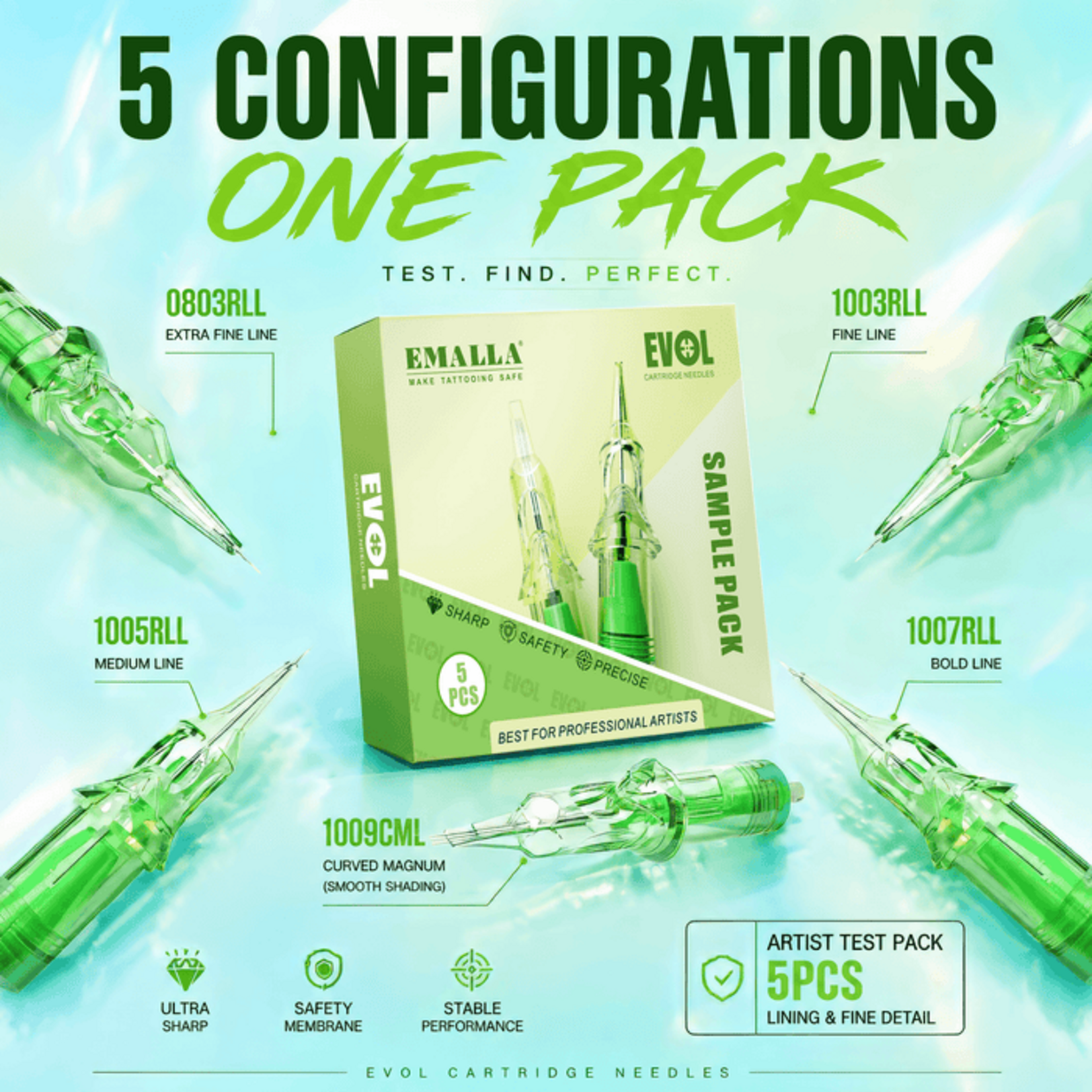 EMALLA EVOL TATTOO CARTRIDGE NEEDLES SAMPLE PACK (Box of 5)