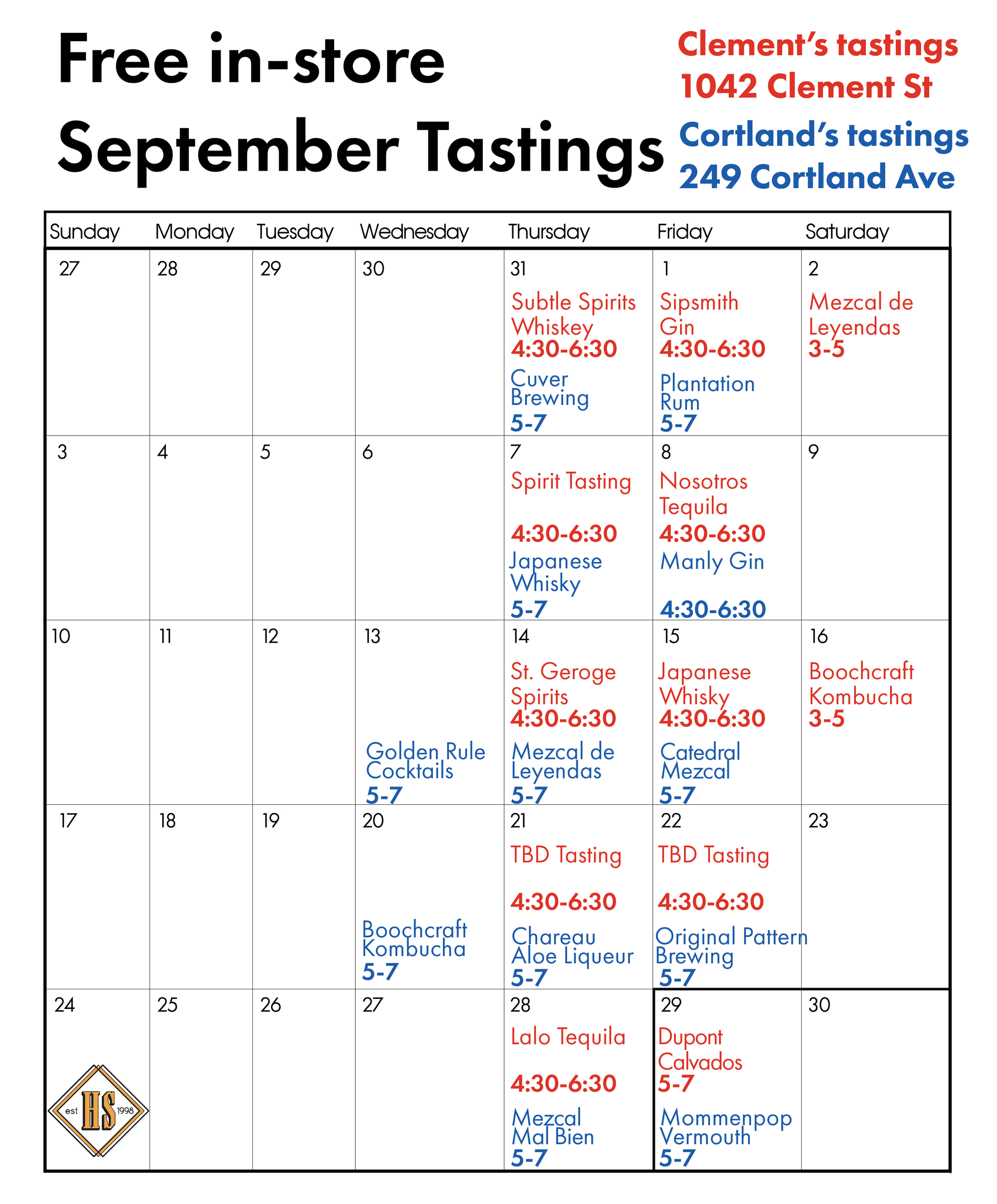 September Tasting Schedule