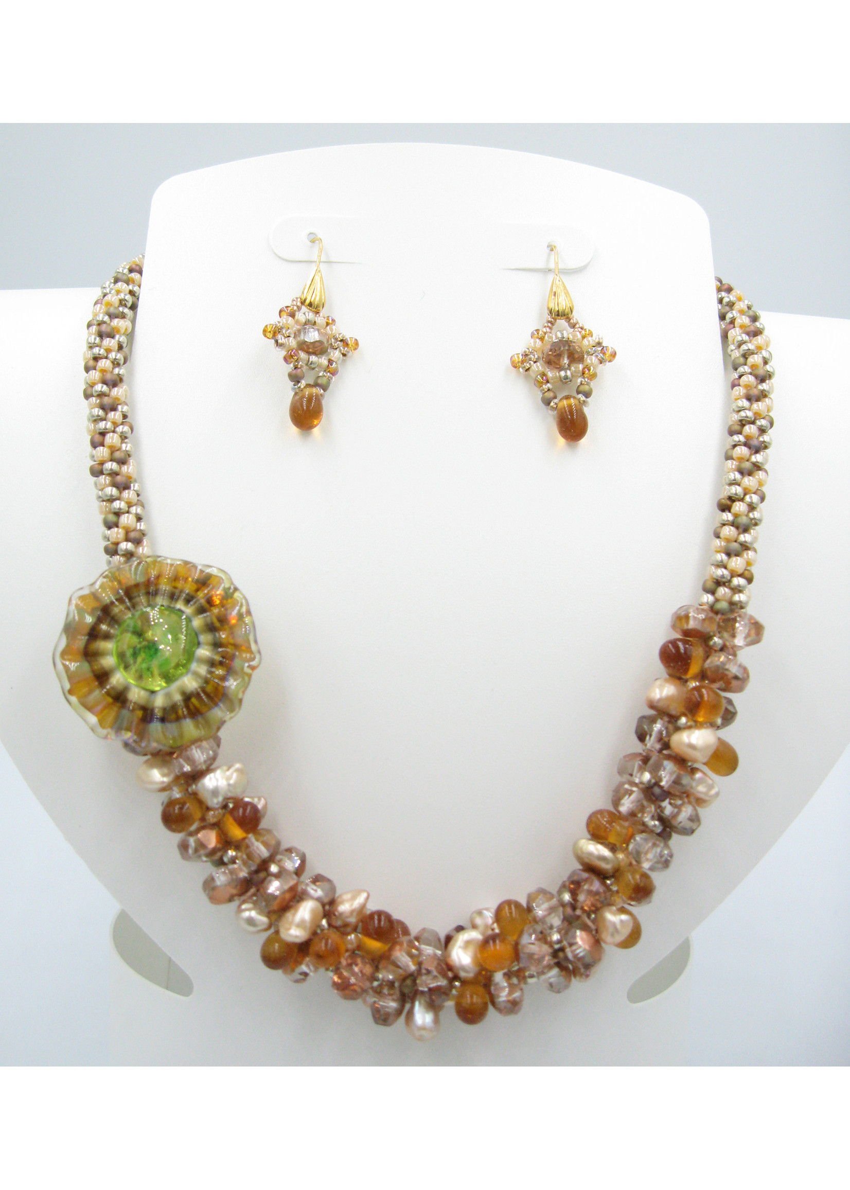Kay Bolden Bolden Kay, Beaded Kumihimo Necklace with Earrings. Pearls - Lampwork Flower Focal – Lobster Clasp – 19 to 21 inches long – GF Ear Wires