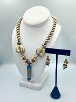 Kay Bolden Bolden Kay -18" Glass beaded necklace/earring set inspired by the sandy costal shores. 2" pendant. 1" long earrings. hand blown, necklace is hand strung. Bold- coastal inspired, Beaded Kumihimo Necklace and Earrings   N 89 Created by artist