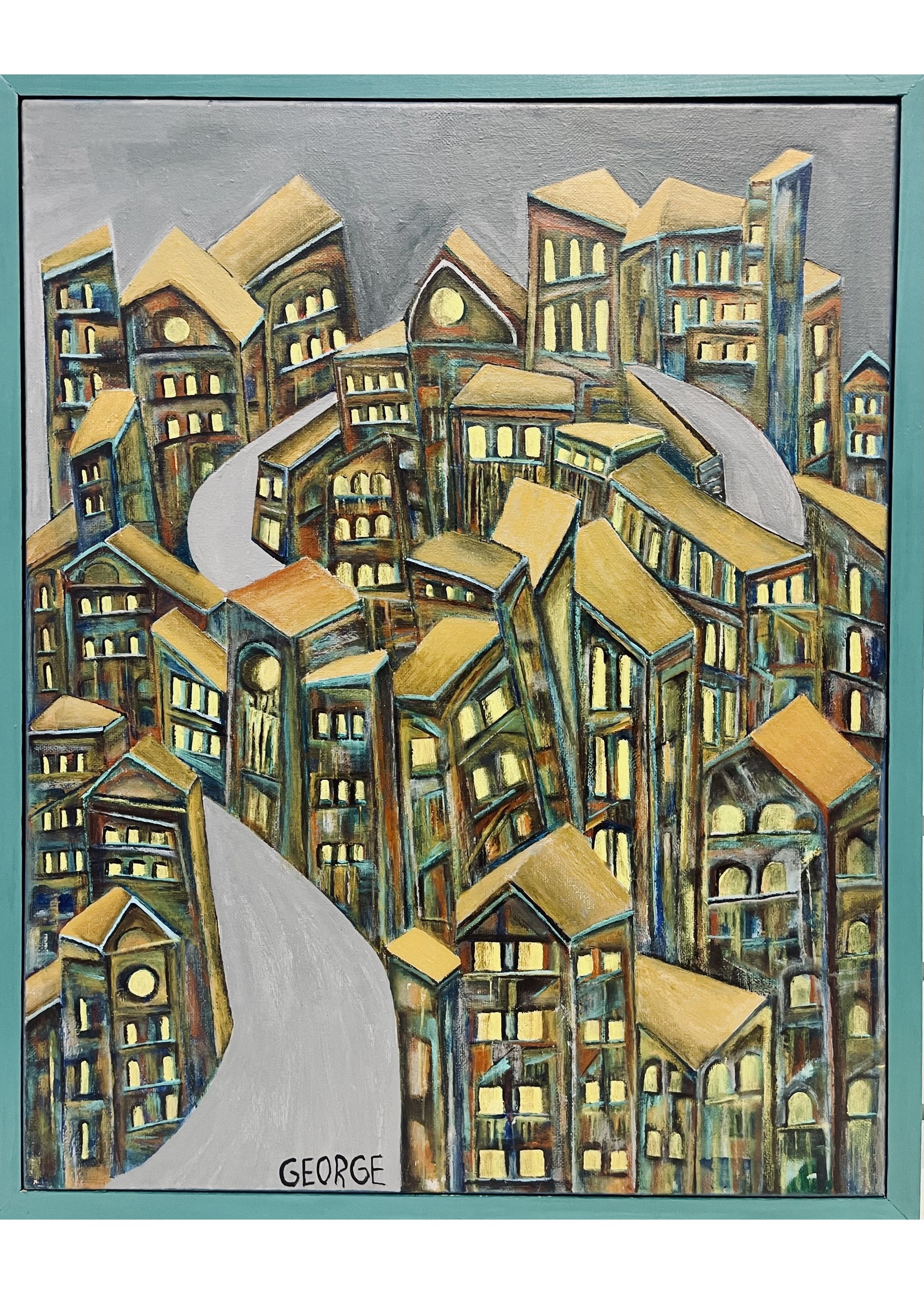 George Carroll   Acrylic On Canvas Framed 17X21  HILLTOPSTREET