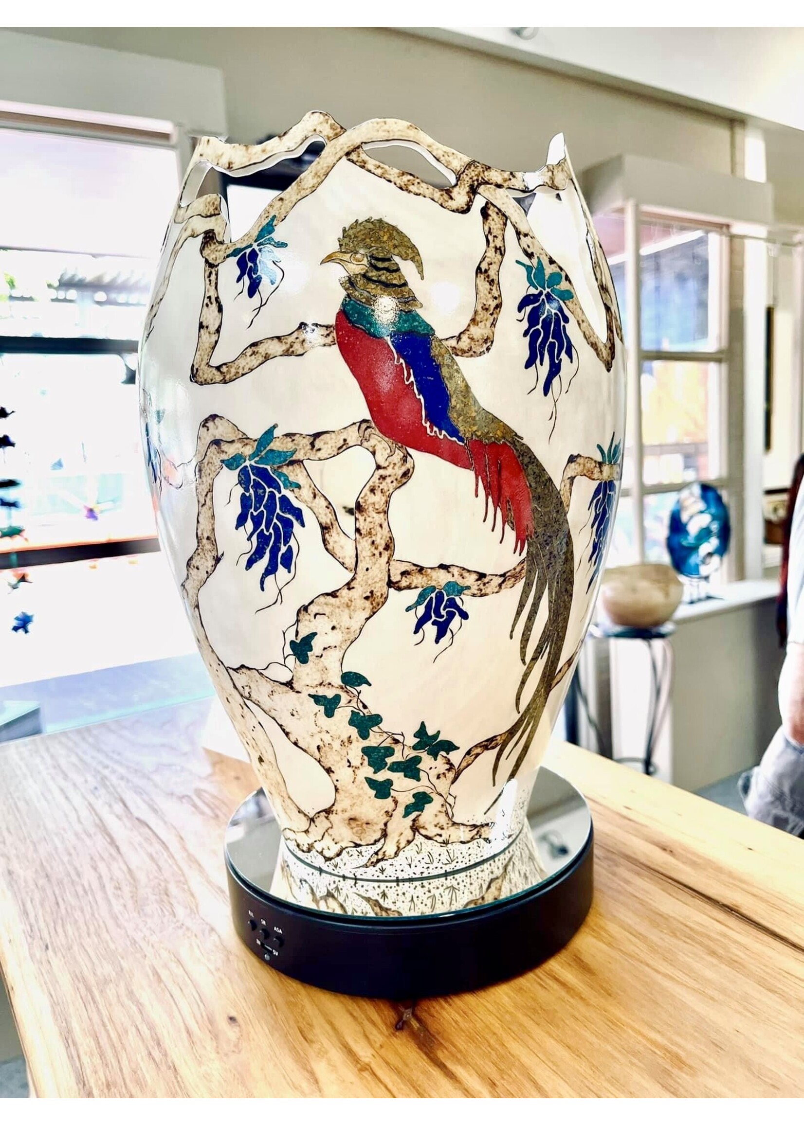 Ray Martha Rountree ROUN-Ray and Martha Rountree-210715-"Golden Pheasant"-Turned Holly vessel inlaid with crushed stones and pyro-engraved